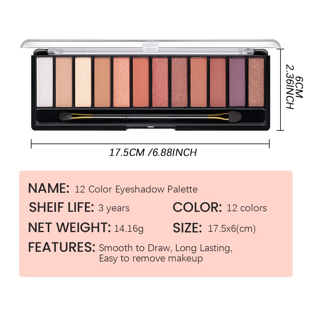 12 Colors Warm Eyeshadow Palette β Matte, Shimmer & Glitter Copper Coral Tones β Rose Gold, Champagne, Bronze & Terracotta Shades β High Pigment, Long-Lasting Eye Makeup for Women β 04#