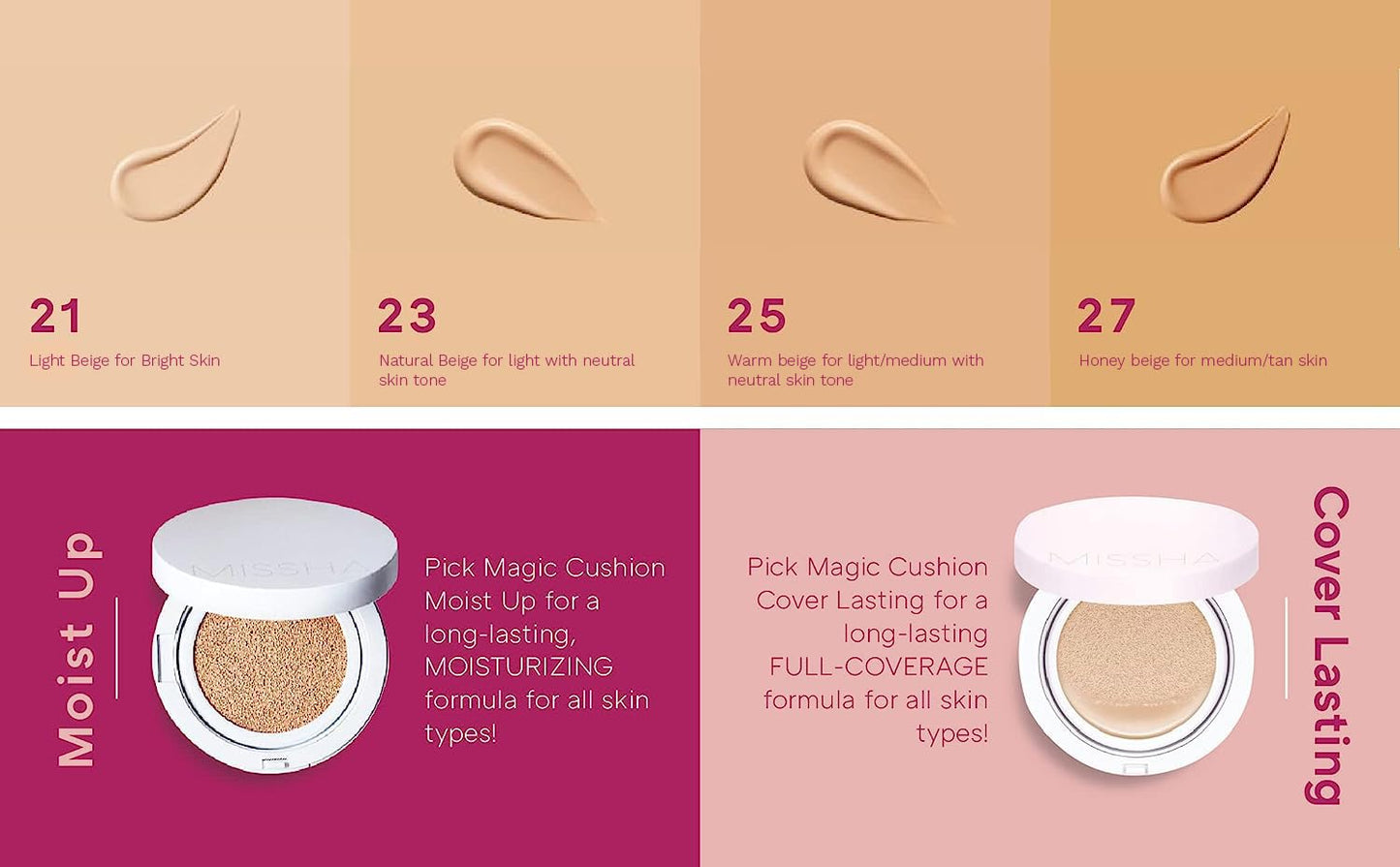 MISSHA Magic Cushion Foundation No.23 Natural Beige for light with neutral skin tone - Flawless Coverage, Dewy Finish, Easy Application for All Skin Types