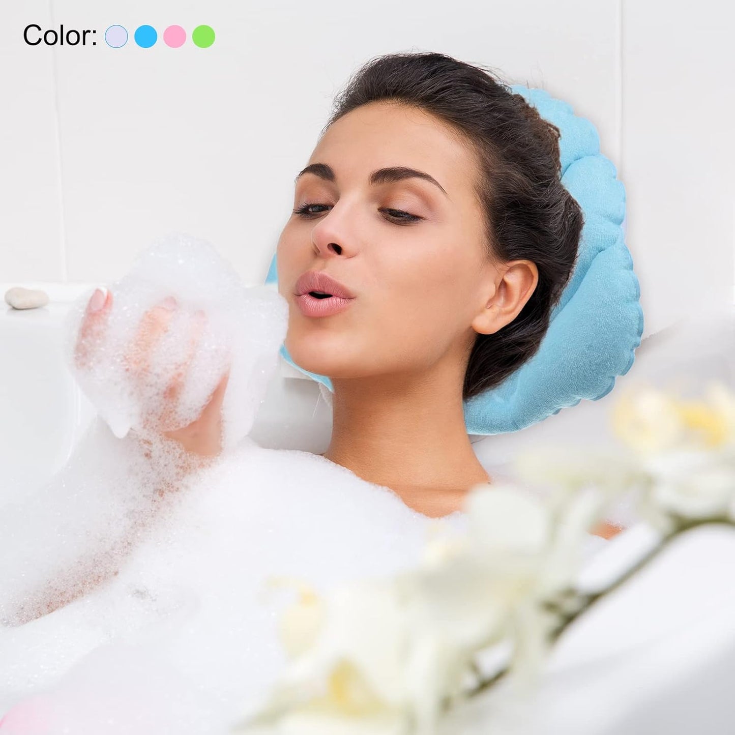 PATIKIL Inflatable Bath Pillow with Suction Cups, 2 Pack Terry Cloth Covered Shell Shape Bathtub Spa Pillow Neck Support for Bathtub Hot Tub, Blue