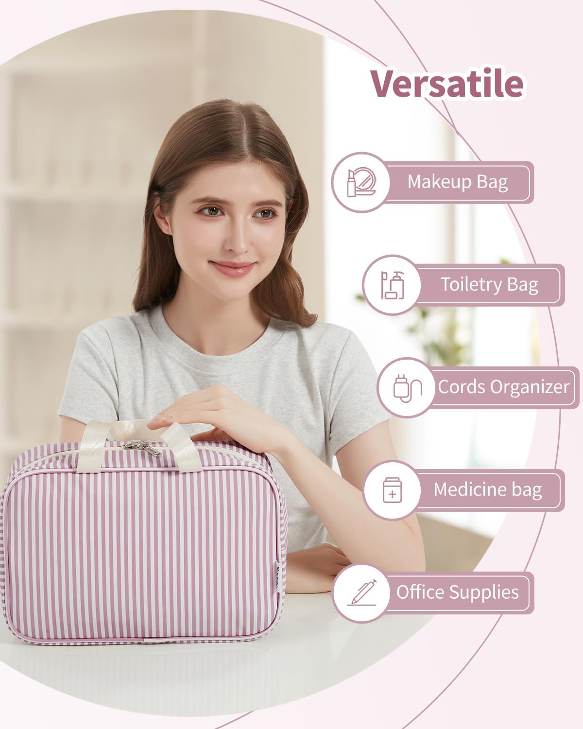 Full Size Toiletry Bag Women Large Cosmetic Bag Travel Makeup Bag Organizer Medicine Bag for Toiletries Essentials Accessories (Dusty Rose Stripe, Large)