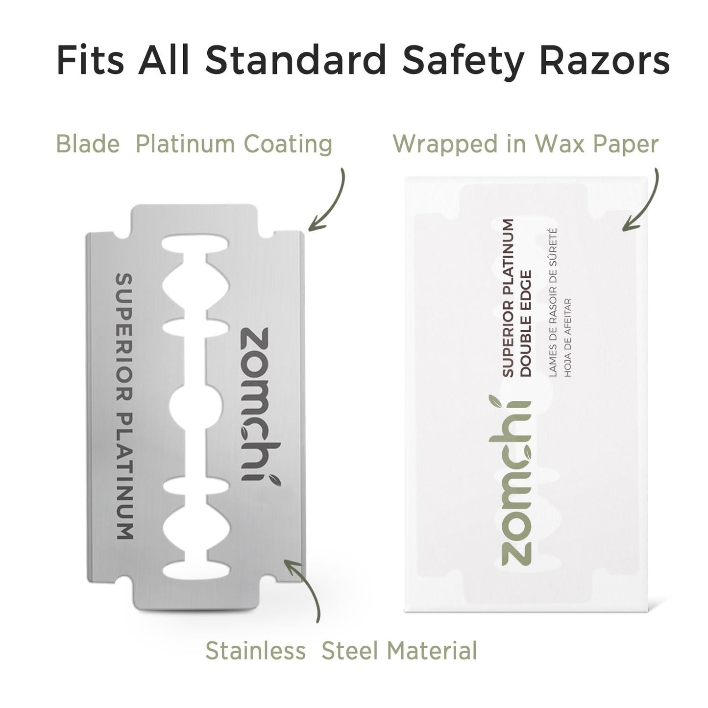 Zomchi Double Edge Razor Blades, 60 Counts Safety Razor Blades for Shaving, Platinum Stainless Steel Shaving Blades for Men and Women, Fits All Standard Double Edge Razors