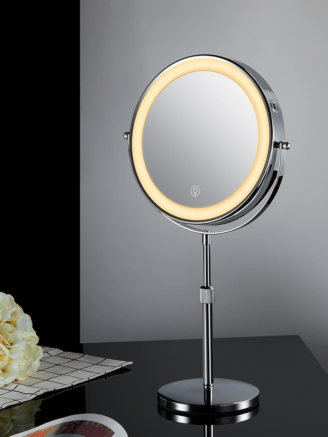 OMIRO 3X/10X Magnifying Makeup Mirror with Lights, 8.5 Inches Double Sided Swivel-Free Vanity Mirror with Height-Adjustable Stand. (Silver)