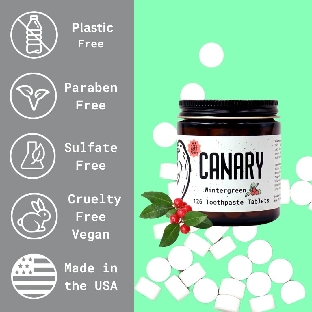 Canary Nano Hydroxyapatite Toothpaste Tablets Wintergreen - Remineralizing, Fluoride Free, All Natural Tabs with Xylitol - Great for Travel, Plastic Free - 126 Count
