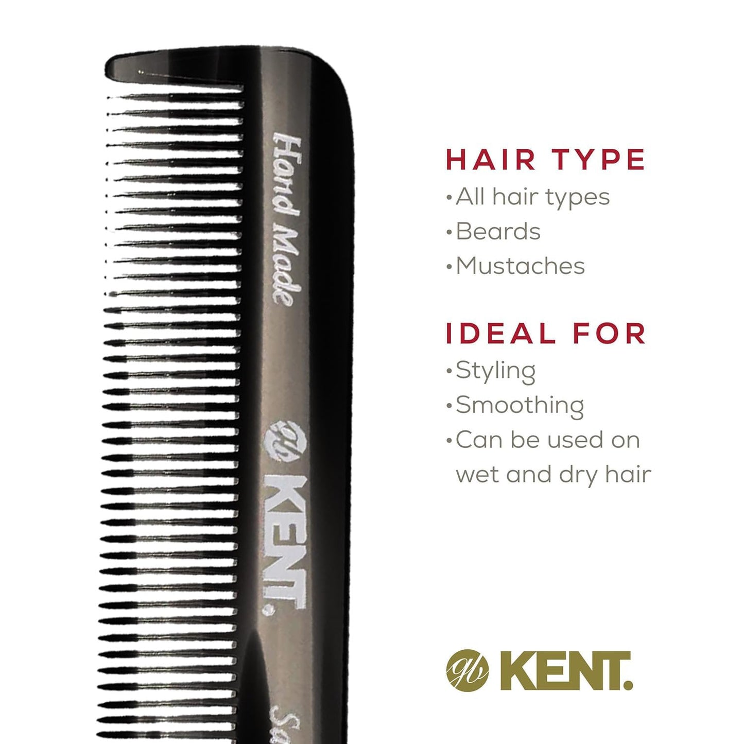 Kent FOT Black Graphite Fine Tooth Beard Comb - 4.5" Handmade Pocket Travel Comb for Men - Styling Combs for Fine or Thinning Hair, Mustache and Beard Care and Hair Care Kent