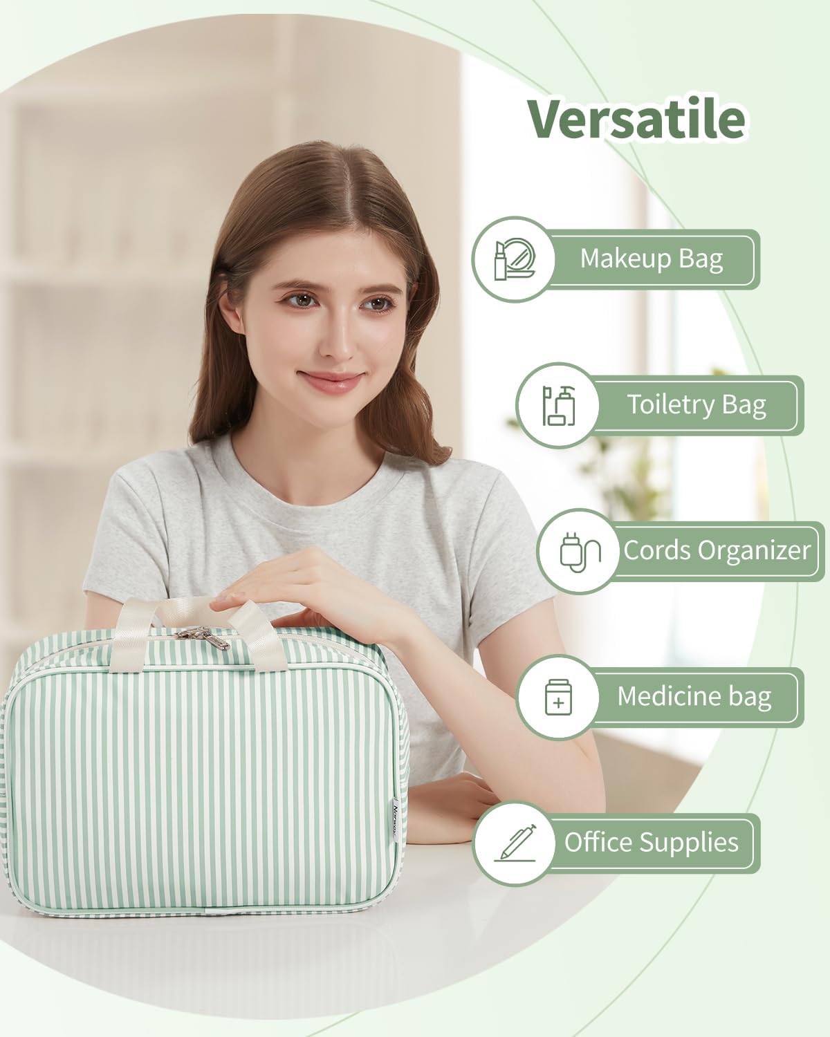 Full Size Toiletry Bag Women Large Cosmetic Bag Travel Makeup Bag Organizer Medicine Bag for Toiletries Essentials Accessories (Mint Green Stripe, Large)