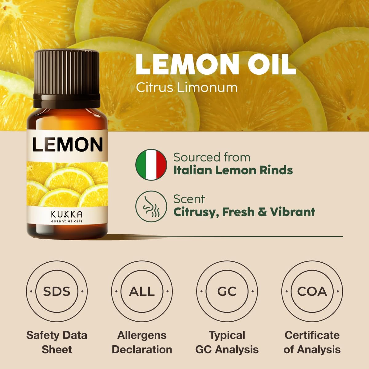 Kukka Lemon Essential Oil for Skin, Diffuser, DIY - 0.34 Fl Oz - Fresh Lemon Scent, for Cleaning, Aromatherapy, Candles, DIY Soap Making Scents