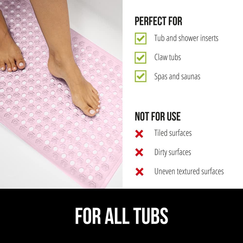 GORILLA GRIP Patented Bath Tub Shower Mat, Machine Washable Bathtub Floor Liner Mats, Suction Cups and Drain Holes to Keep Tubs Clean, Soft on Feet, Bathroom Essentials, 35x16 Inch, Clear Light Pink