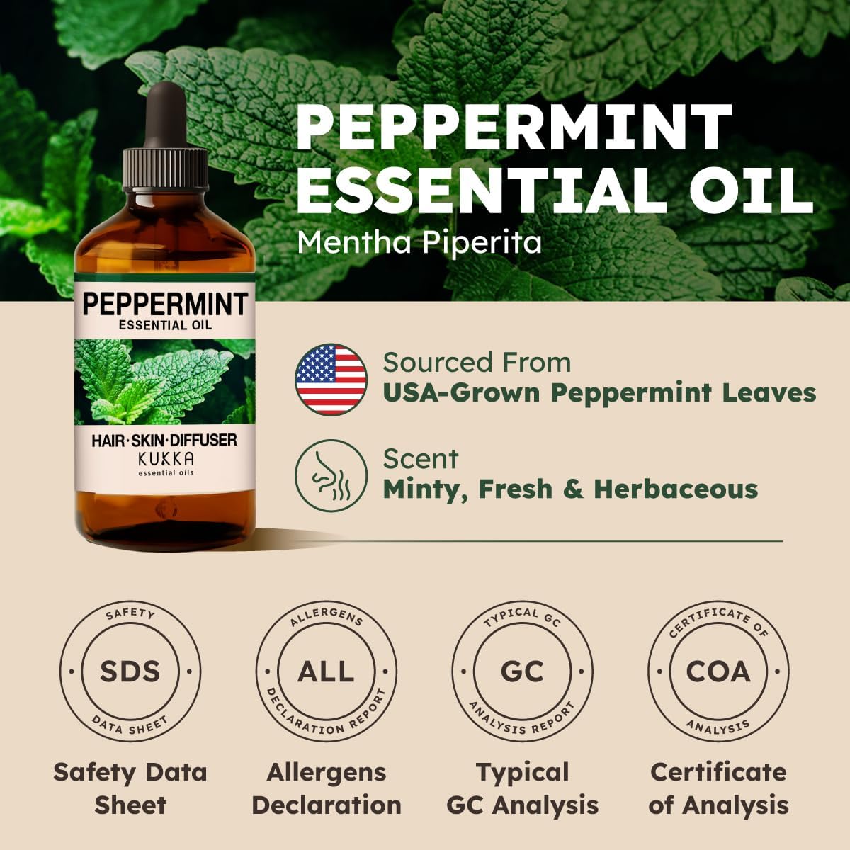 Kukka Essential Oils Peppermint Oil for Skin, Hair, Diffuser - 4 Fl Oz / 118 ml, DIY Soap Making Scents