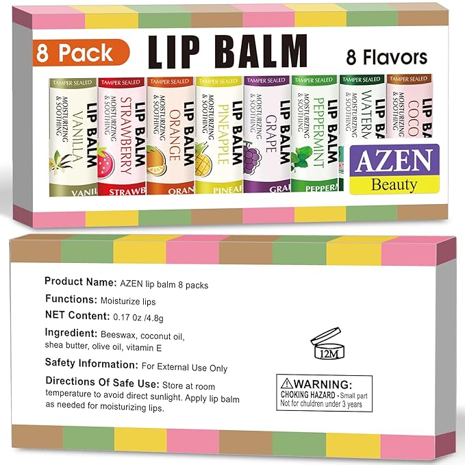 AZEN 8 Pack Lip Balm Stocking, Natural Lip Balm Bulk, Moisturizing Lip Balm for Dry Lips