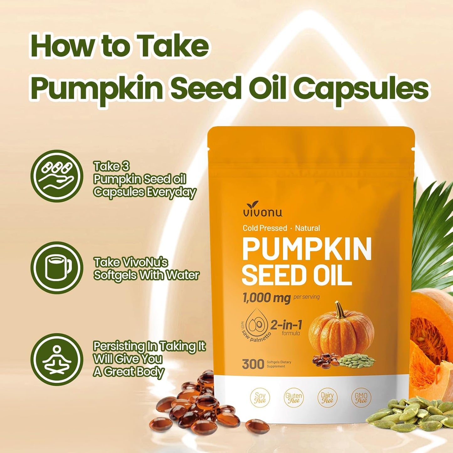 Pumpkin Seed Oil with Saw Palmetto Capsules | Cold Pressed, Pure Virgin Oil, Essential Fatty Acids & Phytosterols | 300 SoftgelsSupports Hair, Urinary, Bladder & Prostate Health, Non-GMO