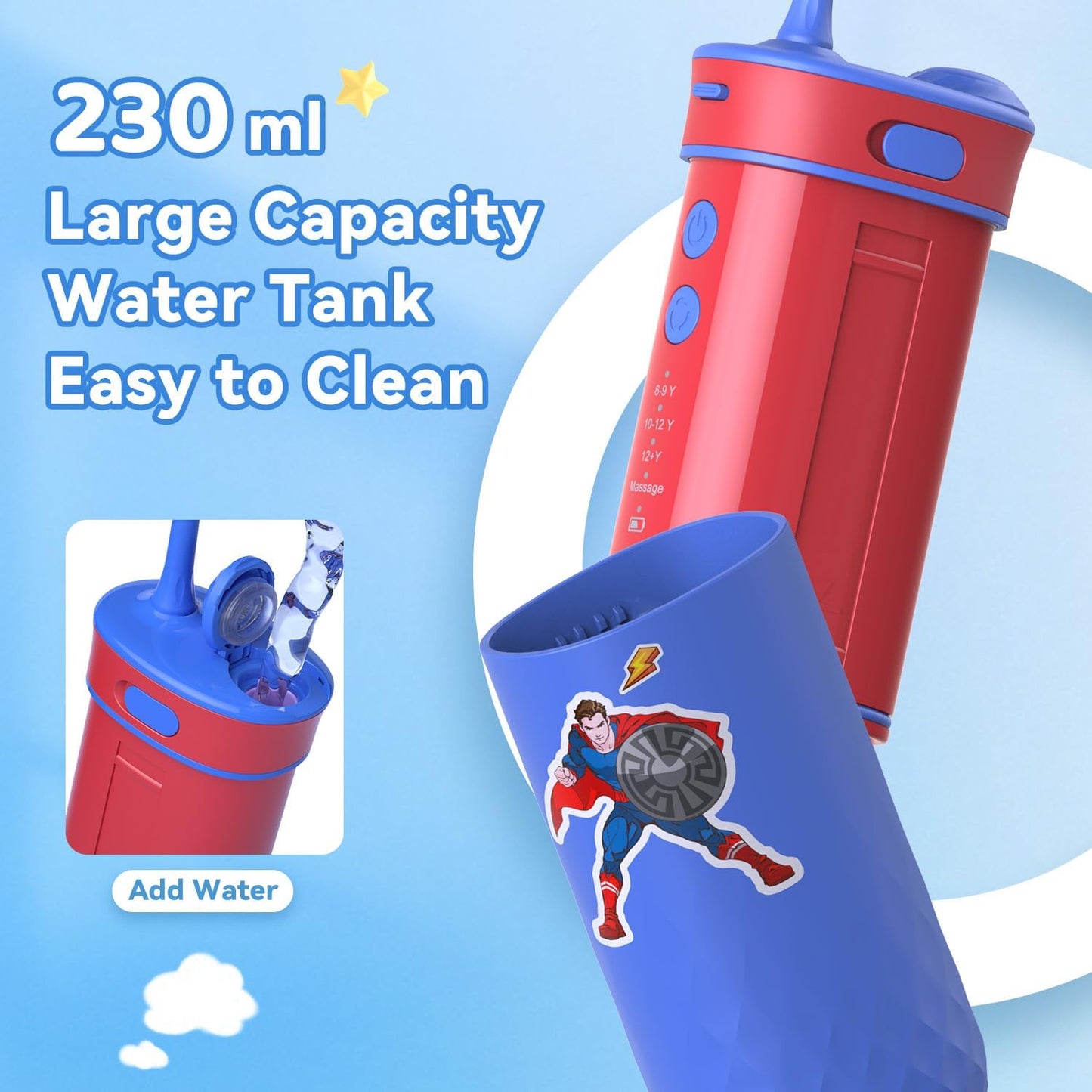 JTF Kids Water Dental Flosser: Rechargeable Portable Oral Irrigator with 4 Flossing Modes 230ml Tank 4 Tips Travel Bag Waterproof Stickers, Cordless Electric Flossers for Teeth Gum Braces Care, Age 6+