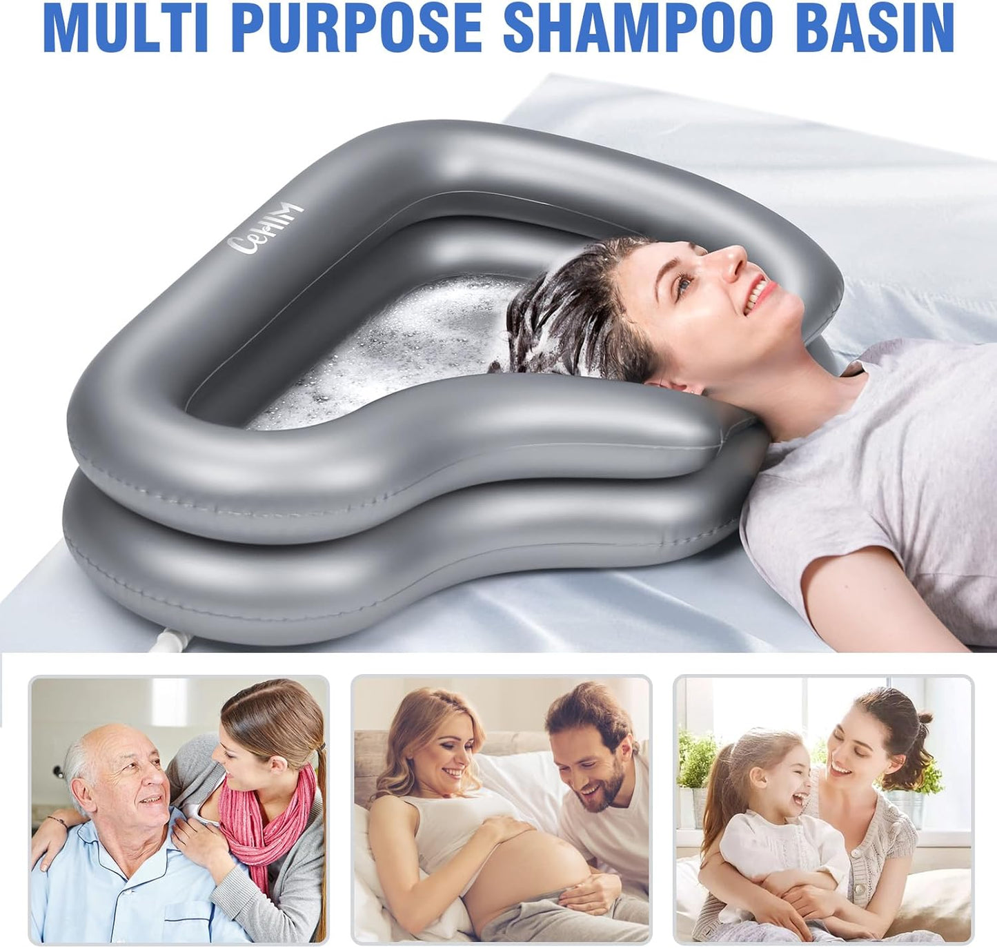 Portable Inflatable Shampoo Basin for Bedridden & Elderly - Zero Pooling Design | Fast-Drain Slope & Neck Support | Portable Hair Wash Bowl, Drain Hose | Hospital PVC | Home Use (Silver, Large)
