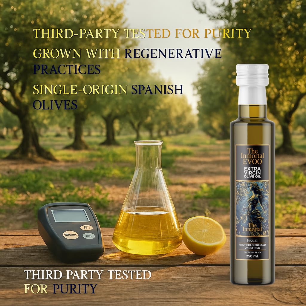 The Immortal Olive Oil | Premium Extra Virgin Olive Oil from Ancient Spanish Trees | High Polyphenol Content | Cold-Pressed | Third-Party Tested for Purity, 250ml