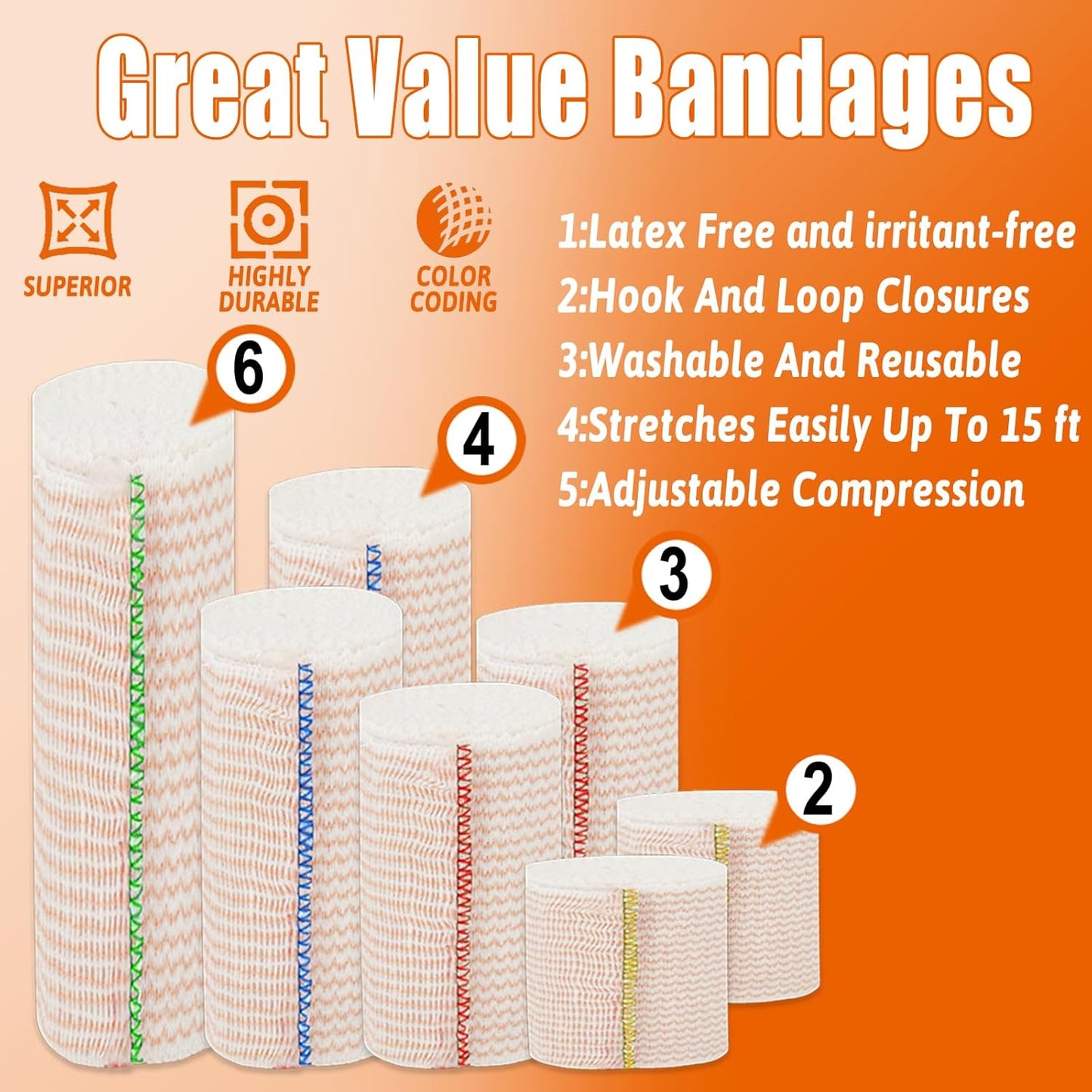 Premium Elastic Bandage Wrap 3 inch 6 Pack Reusable Versatile Self-Closing Compression Bandage Wraps for Ankles, Wrists Knee, Tummy and Body Cotton Lymphedema Wraps for Legs Latex-Free