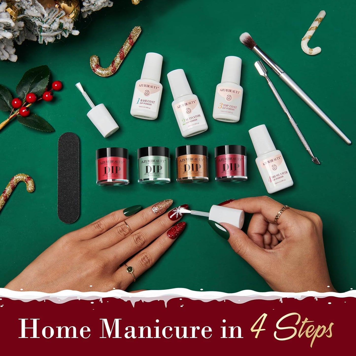 AZUREBEAUTY 31 PCS Dip Powder Nail Starter Kit Christmas, Red Green Gold Grey Acrylic Dipping Powder 20 Colors Set with Recycle Tray Top/Base Coat Activator French Nail Art Manicure Salon