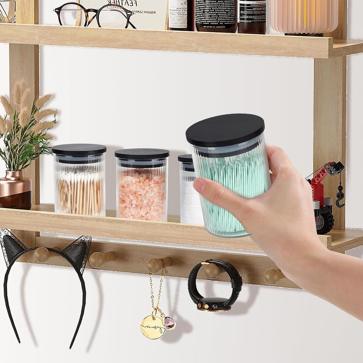 4 Pack Glass Qtip Holder Dispenser Set - Apothecary Jars with Lids for Vanity Makeup Organizer - Bathroom Canister Storage Organizer for Cotton Ball, Swab, Round Pads,Floss