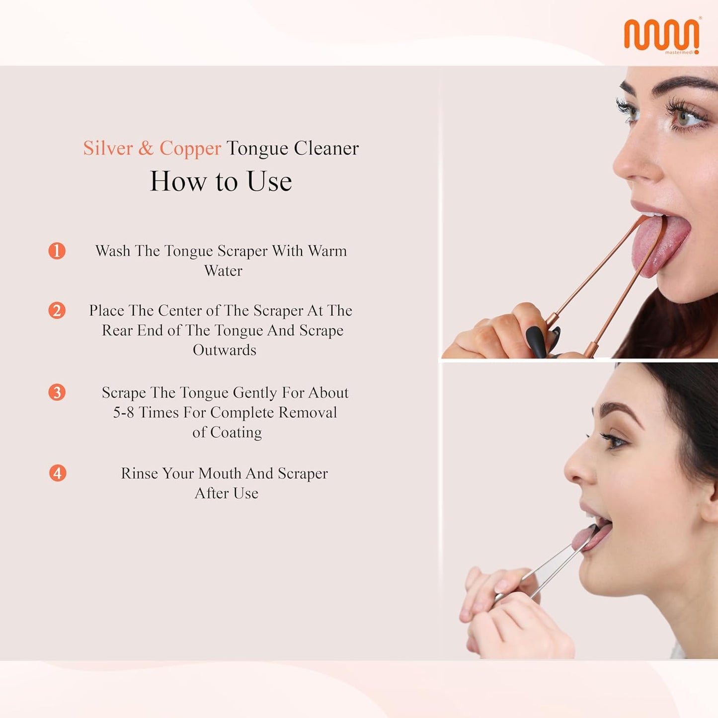 MasterMedi Tongue Scraper for Adults, 100% Stainless Steel & Copper Tongue Scrubber for Bad Breath, Easy to Use, Tongue Cleaner for Oral Care & Hygiene (Combo-2)