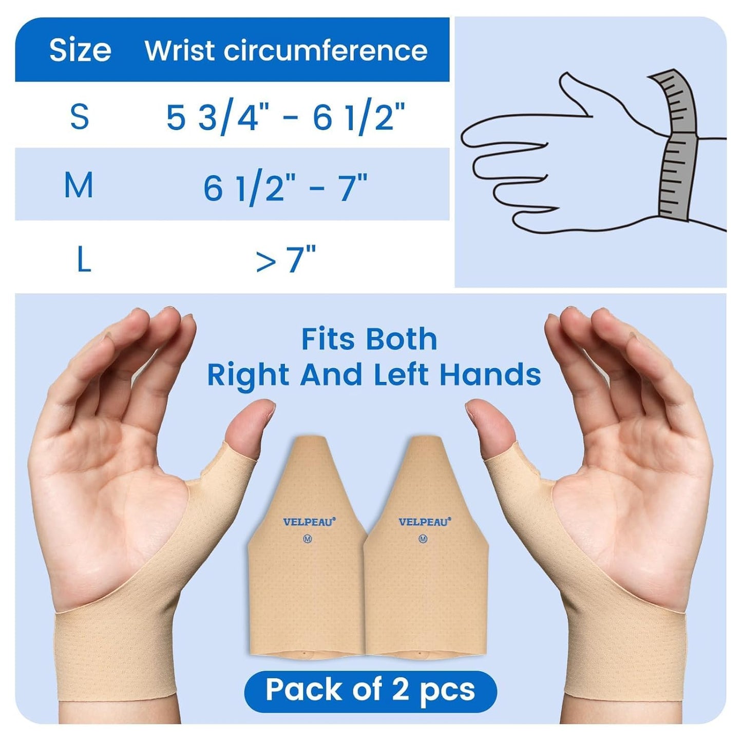 VELPEAU Thumb and Wrist Compression Sleeve for Tendonitis (Pack of 2), Seamless Technology, Gloves Wraps for Arthritis Pain Relief for Women & Men, Splint Liner, Fits Both Hands (Khaki, Long Version, L)