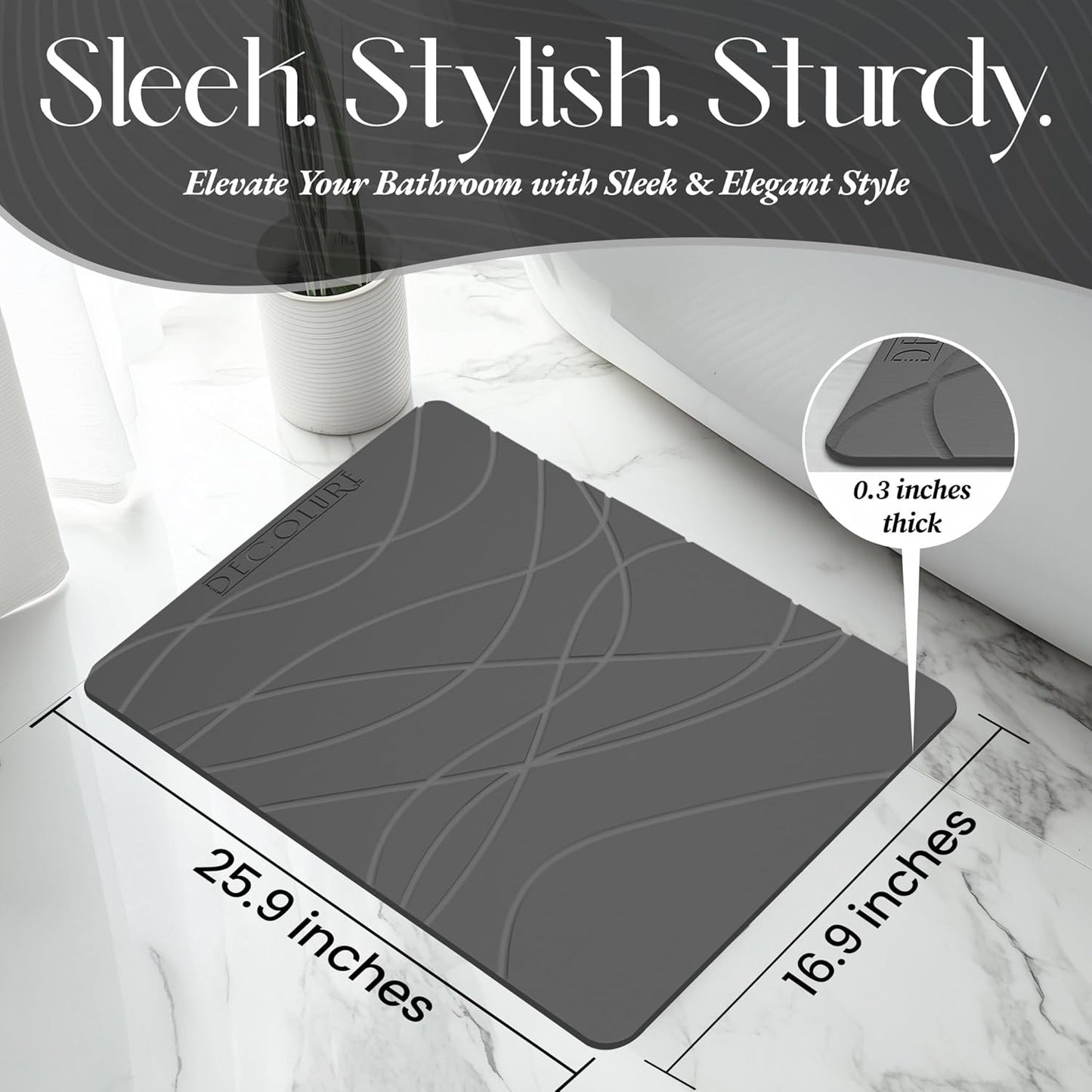 DECOLURE Stone Bath Mat Large, Quick Dry & Non-Slip Diatomaceous Earth Shower Mat for Bathroom, Luxurious & Easy to Clean Diatomite Stone Mat for Bathroom, Kitchen, High Density (Large, Grey)