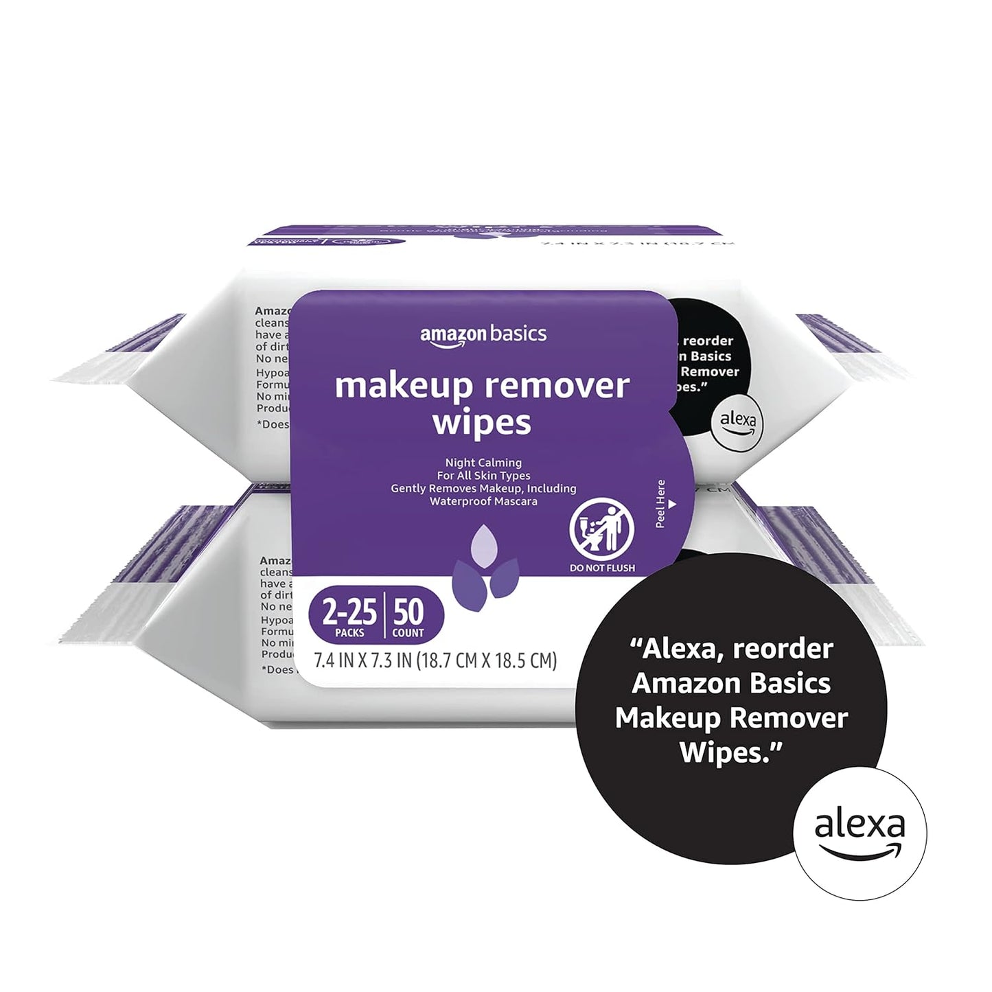 Amazon Basics Makeup Remover Wipes, Gentle Cleansing, Dermatologist Tested, Night Calming, Plant Based, Alcohol Free, Removes Waterproof Mascara, 25 Count Per Pack, Pack of 2 (Previously Solimo)