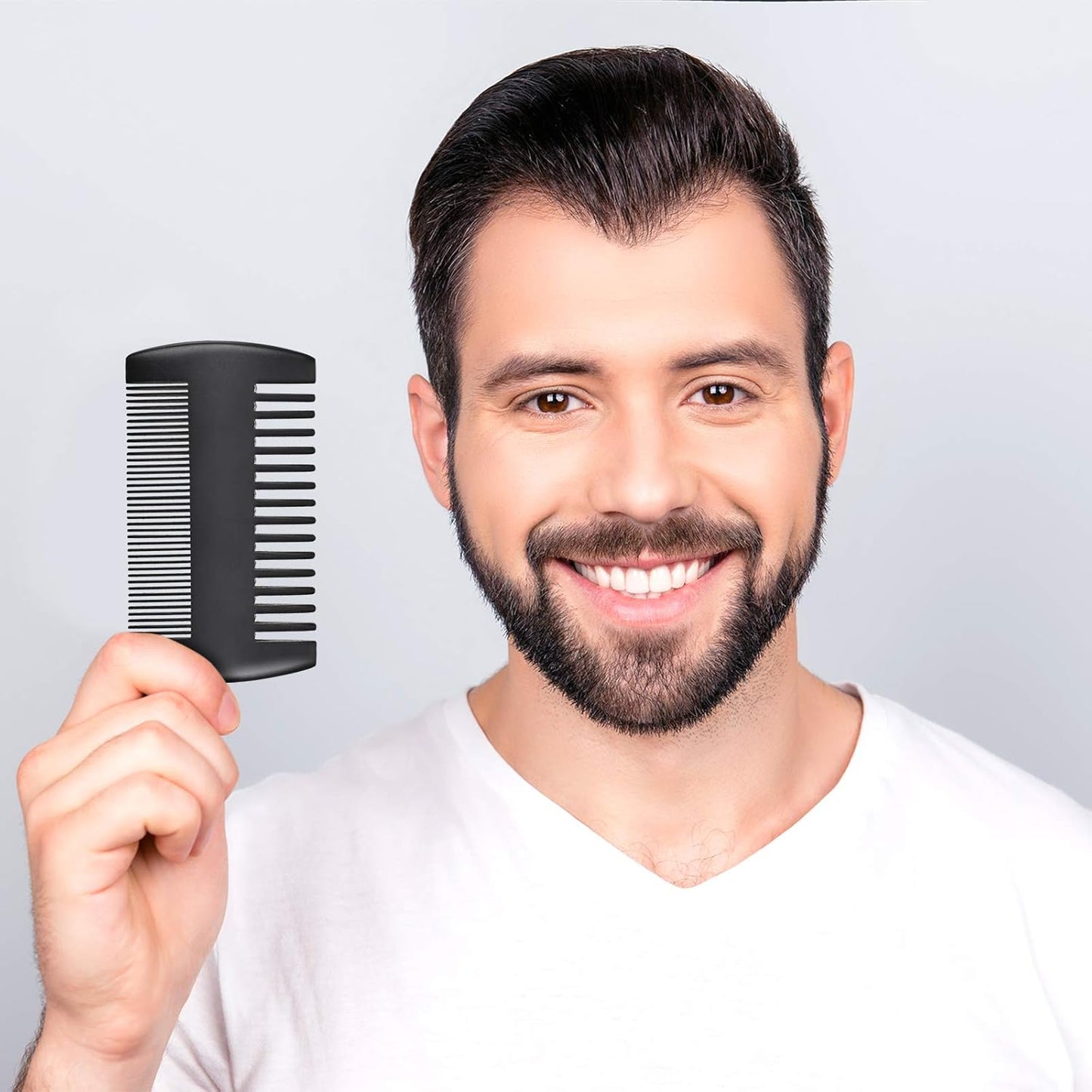 Natural Sandalwood Wooden Dual Action Beard and Mustache Comb Set with Leather Cases for Beards and Mustaches (Black, Yellow, Brown)