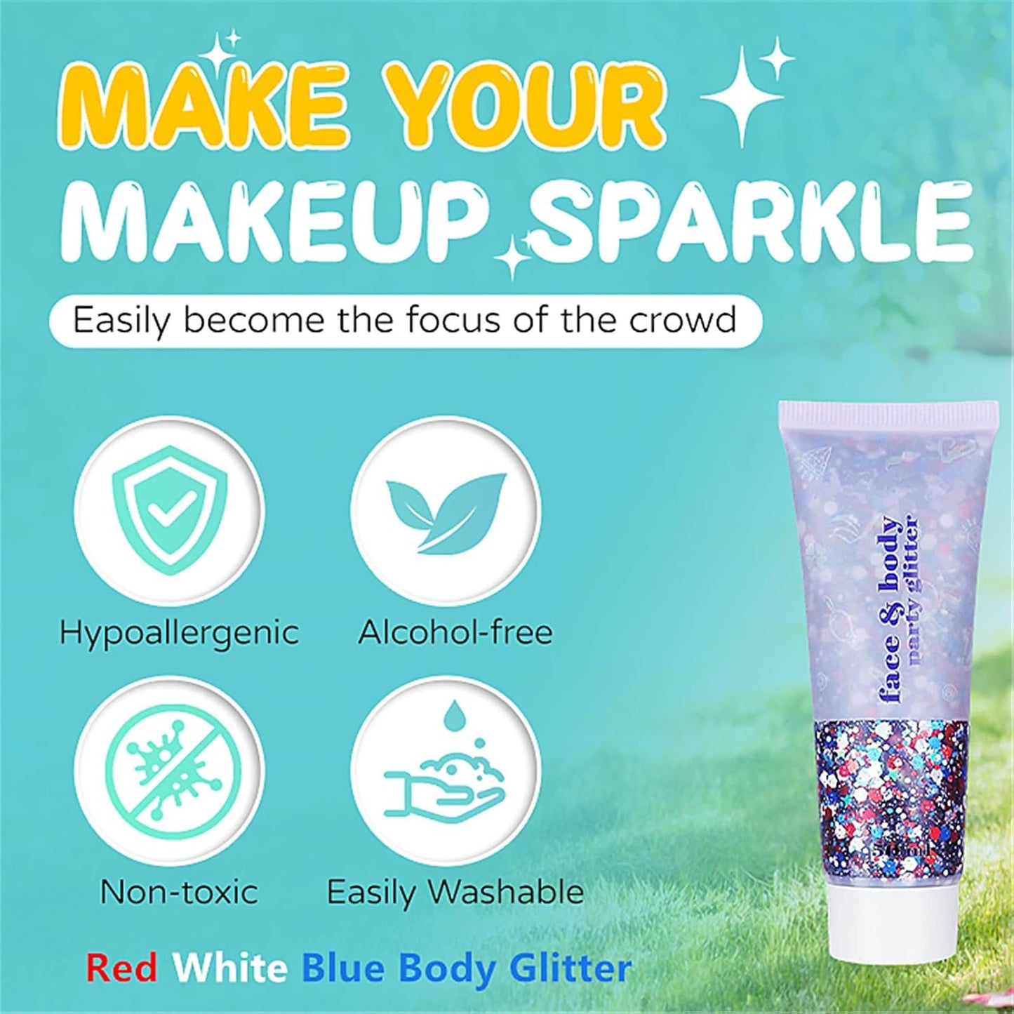 Go Ho Red White and Blue Body Glitter,Patriotic Pride Face Glitter Gel,4th of July Outfits for Women Reflective Glitters Makeup,Holographic Long Lasting Chunky Sequins,Fourth of July USA Accessories