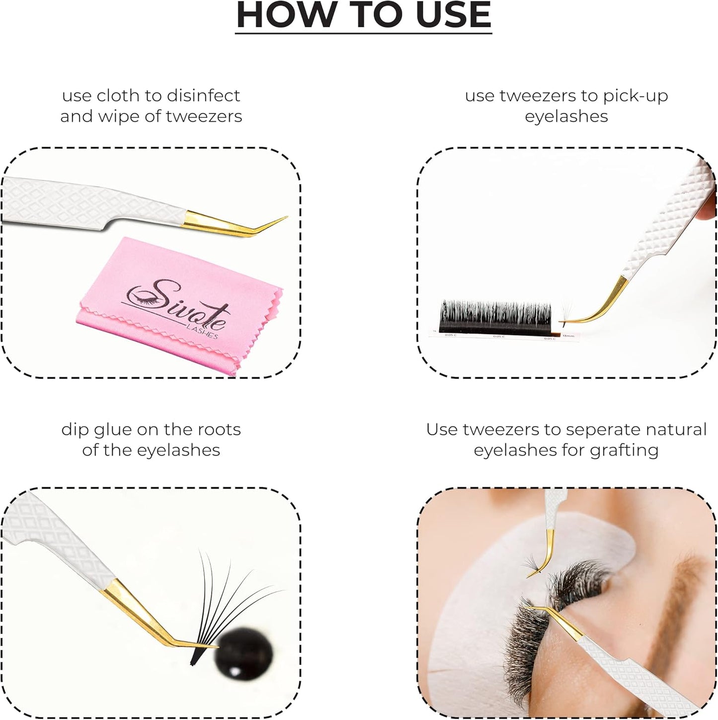 SIVOTE Fiber Tip Lash Tweezers for Eyelash Extensions with Diamond Grip, White, Set of 4 - Precise Tips Japanese Steel for Classic, Volume & Mega Volume Lashes, Anti-Rust - Ideal for Lash Artists