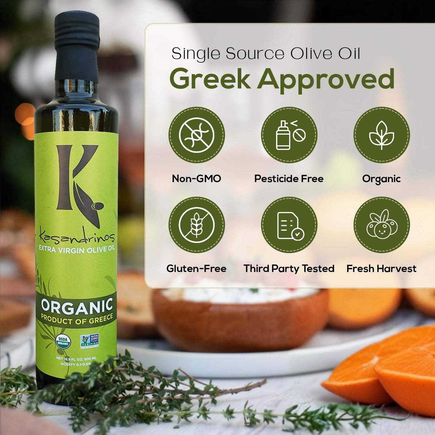 Kasandrinos Organic Olive Oil Extra Virgin, Polyphenol Rich Greek Olive Oil, 100% Organic First Cold Pressed, Mild + Delicate Flavor, Verified by Non GMO, 500 ml / 16.9 oz (Pack of 4)