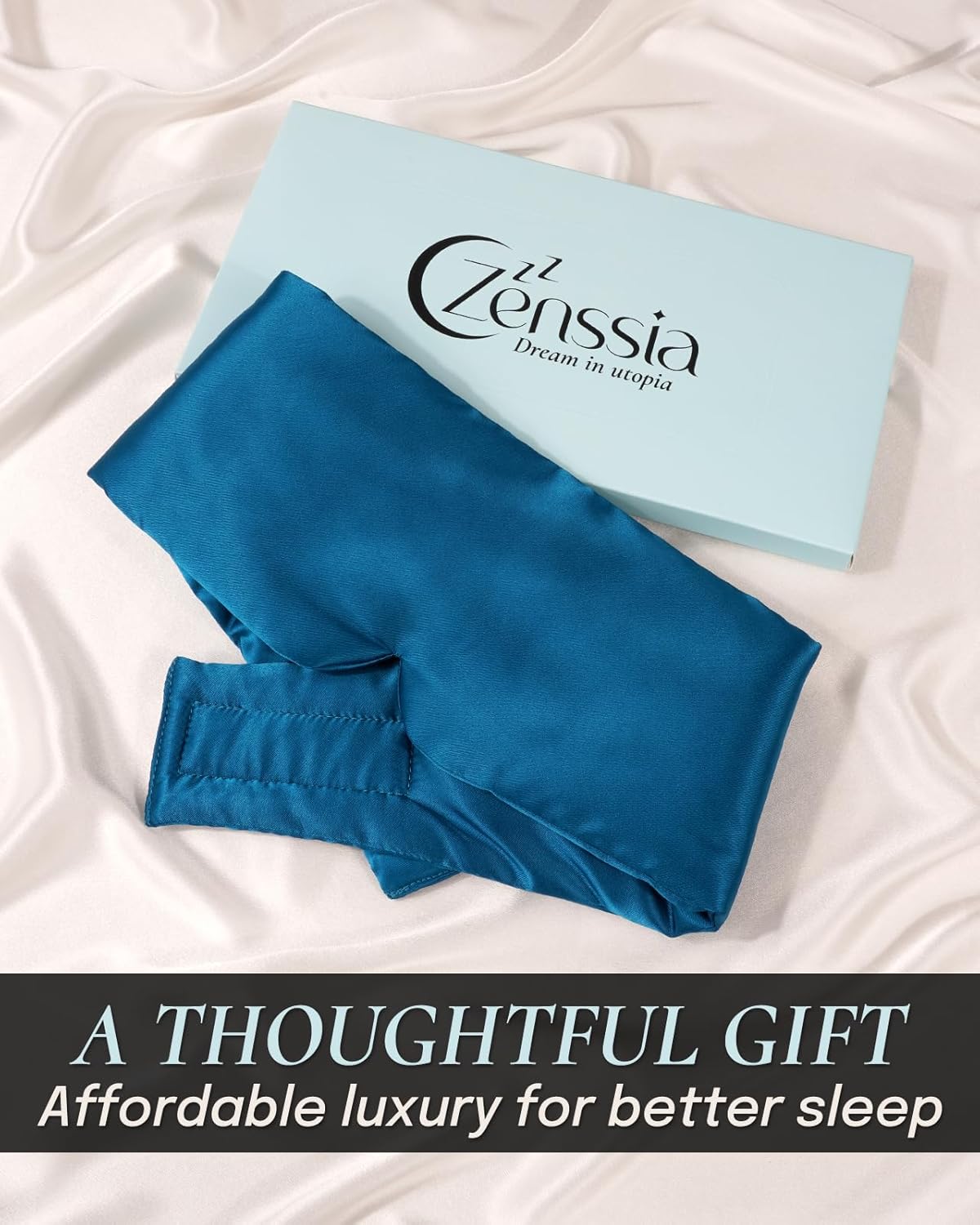 Zenssia Satin Sleep Mask for Women and Men, Lightweight Padded Eye Mask with Adjustable Strap, Comfort Blackout for Travel and Nap - Peacock Blue
