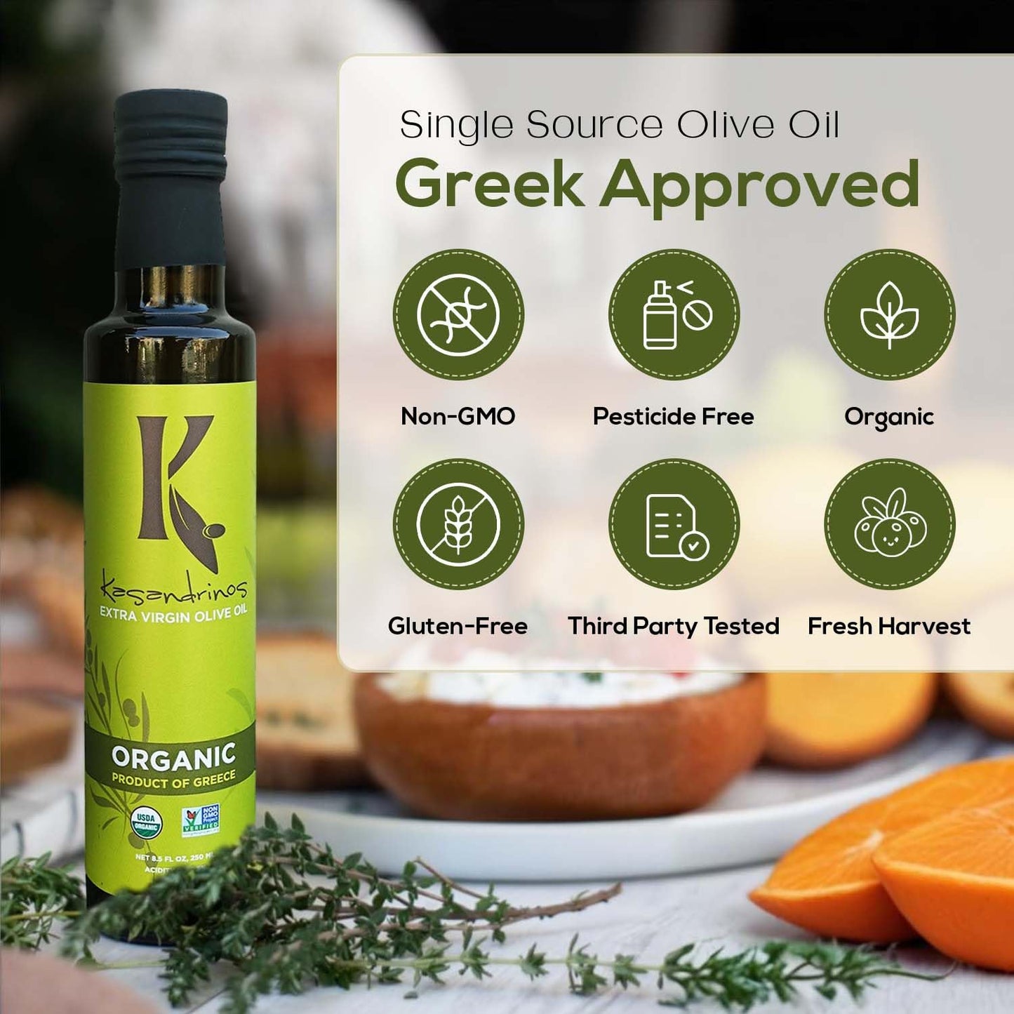Kasandrinos Organic Olive Oil Extra Virgin, Polyphenol Rich Greek Olive Oil, 100% Organic First Cold Pressed, Mild + Delicate Flavor, Verified by Non GMO, 250 ml / 8.5 oz (Pack of 2)