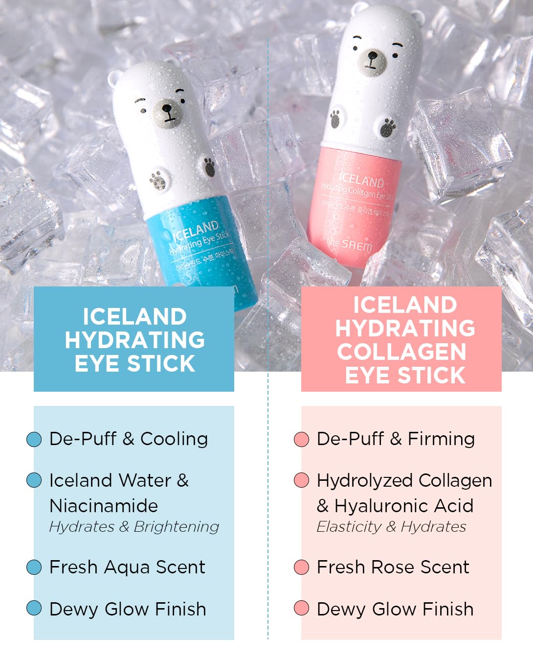 THESAEM Iceland Hydrating & Collagen Eye Stick 2 Pack - Cooling & Anti-Wrinkle Balm for Dark Circles and Puffiness – Under Eye Treatment - Reduce Wrinkles and Moisturizing - Duo Set