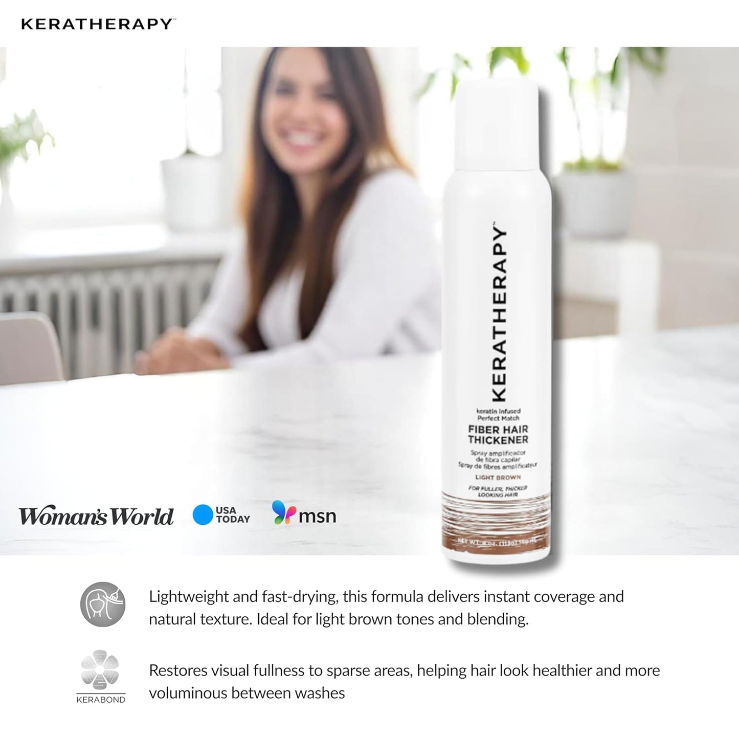 Keratherapy Keratin Infused Perfect Match Fiber Hair Thickener Spray, Light Brown, 4 fl. oz., 140 ml - Volumizing, Thickening, & Concealing Hairspray for Scalp Coverage, Roots & Thinning Areas