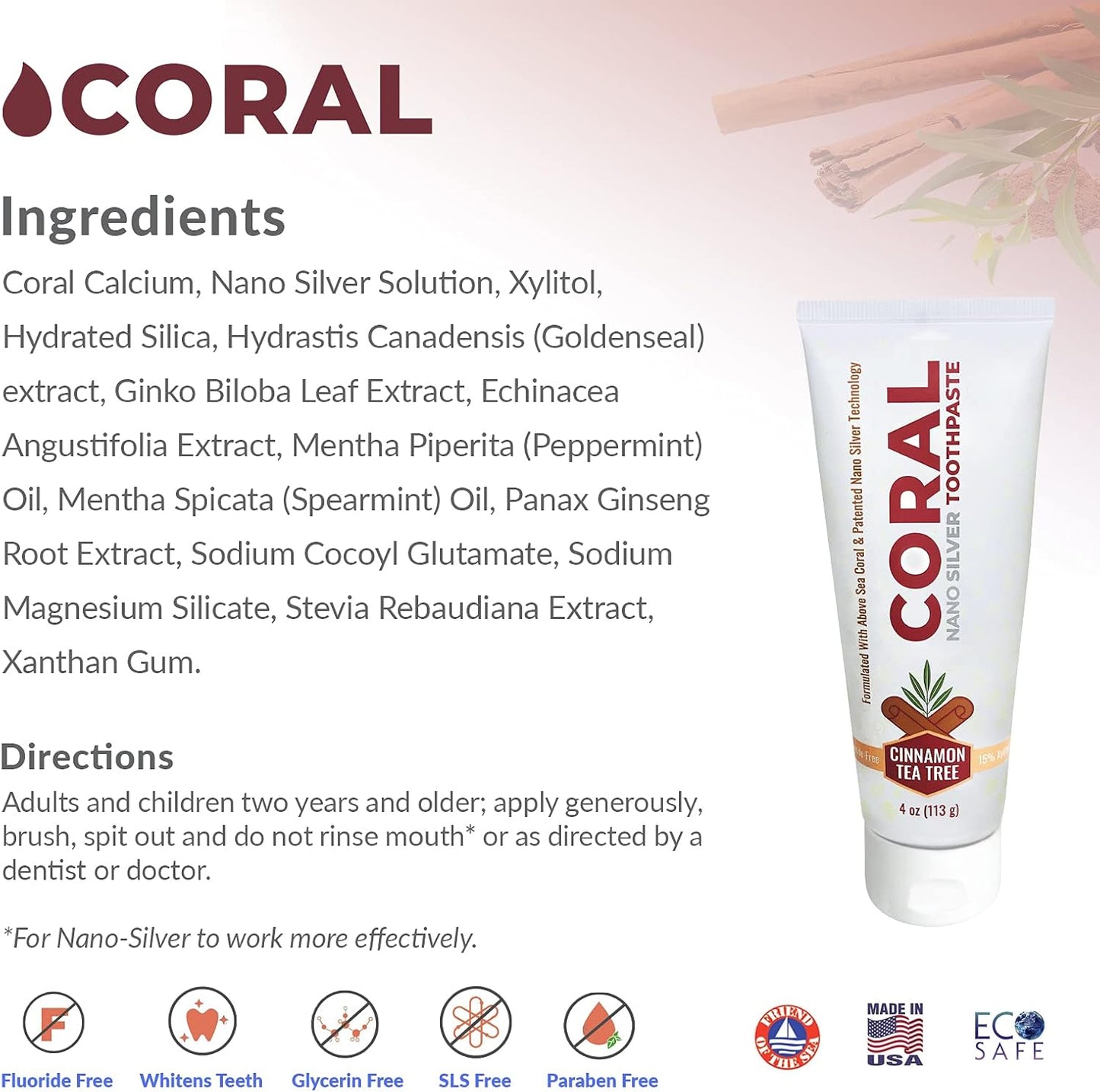Coral Nano Silver Cinnamon Tea Tree Toothpaste, Natural Fluoride Free Teeth Whitening Toothpaste, Coral Calcium Nano Silver Infused SLS Free 4 Ounce