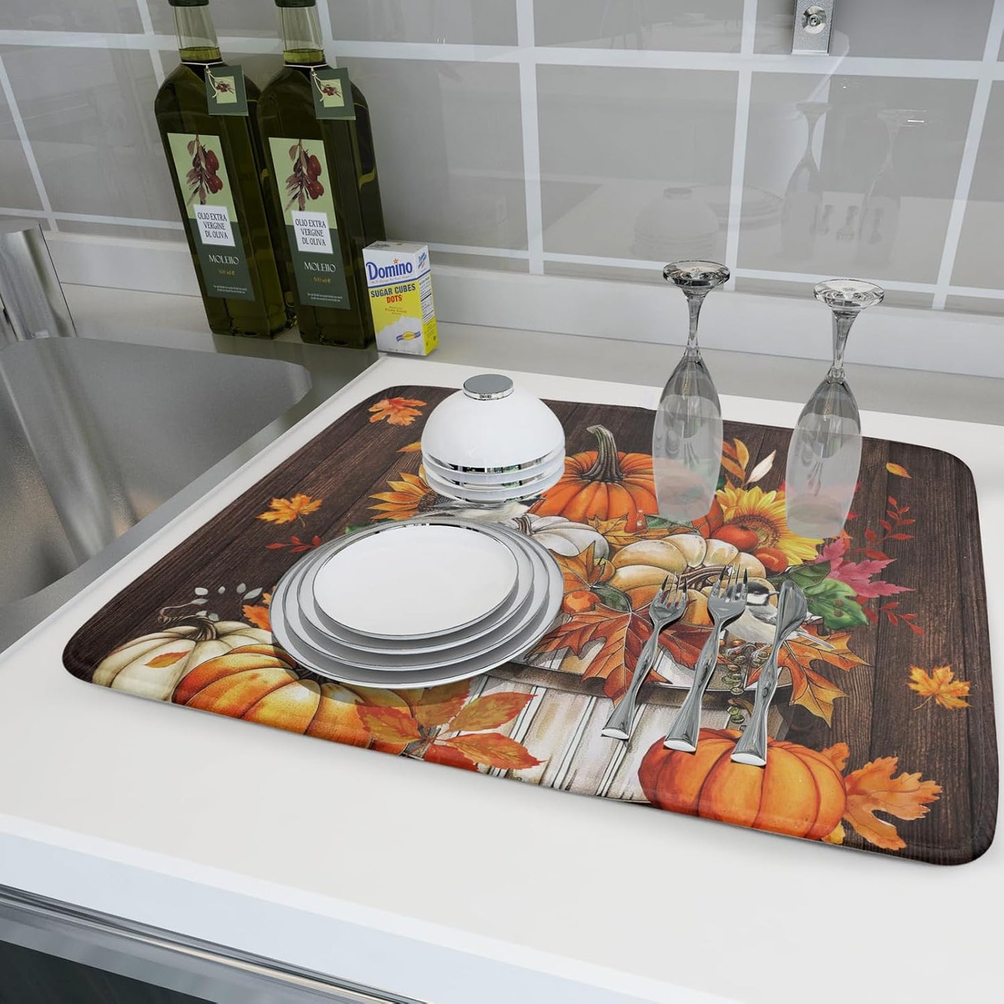 Fall Pumpkin Dish Drying Mat for Kitchen Counter Decor 18x24 Inch Halloween Thanksgiving Dish Drainer Mats Absorbent Reversible Dishes Pad