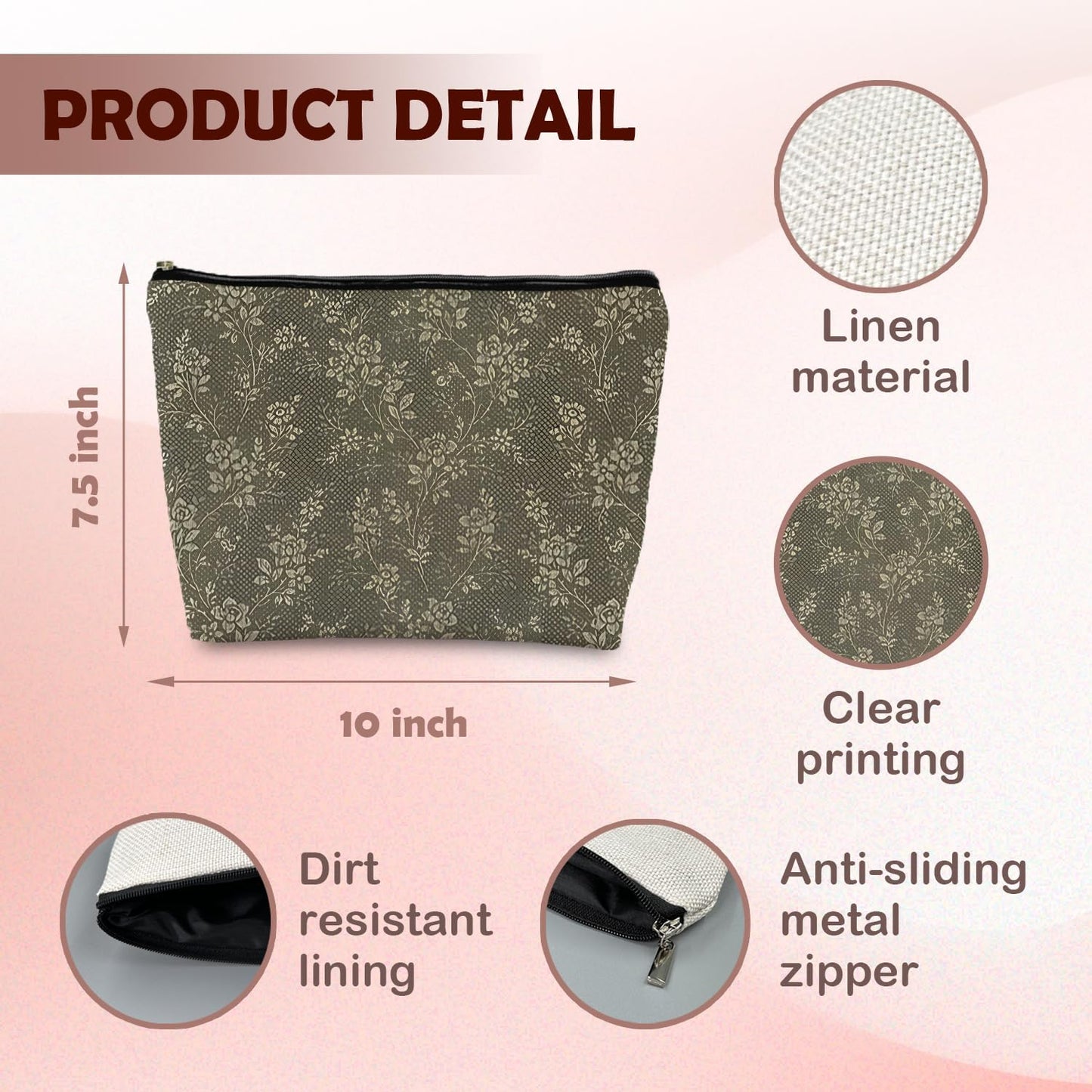 Floral Cosmetic Bag, Vintage Green Floral Toiletry Bag for Women, Botanical Wild Flowers Makeup Pouch