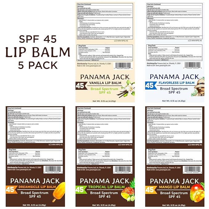 Panama Jack Sunscreen Lip Balm - SPF 45, Flavor Pack, Broad Spectrum UVA-UVB Sunscreen Protection, Prevents & Soothes Dry, Chapped Lips (Dreamsicle/Vanilla/Tropical/Mango)