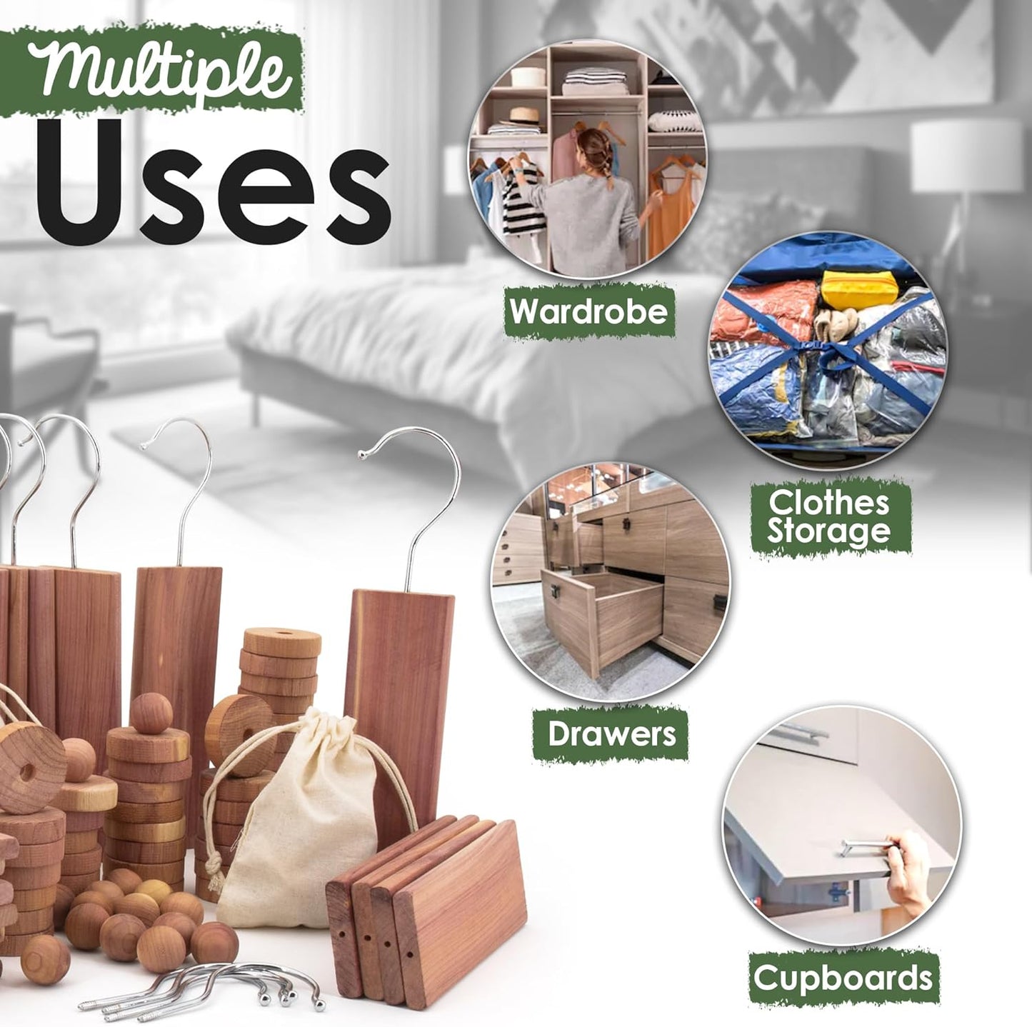 ecoKiwi Cedar Blocks for Clothes Storage Mega Bundle Box - Cedar Hangers x20, Balls x75 & Rings x55-100% Natural Oil Planks & Chips for Closets & Drawers - Aromatic Red Cedar Wood with Sandpaper