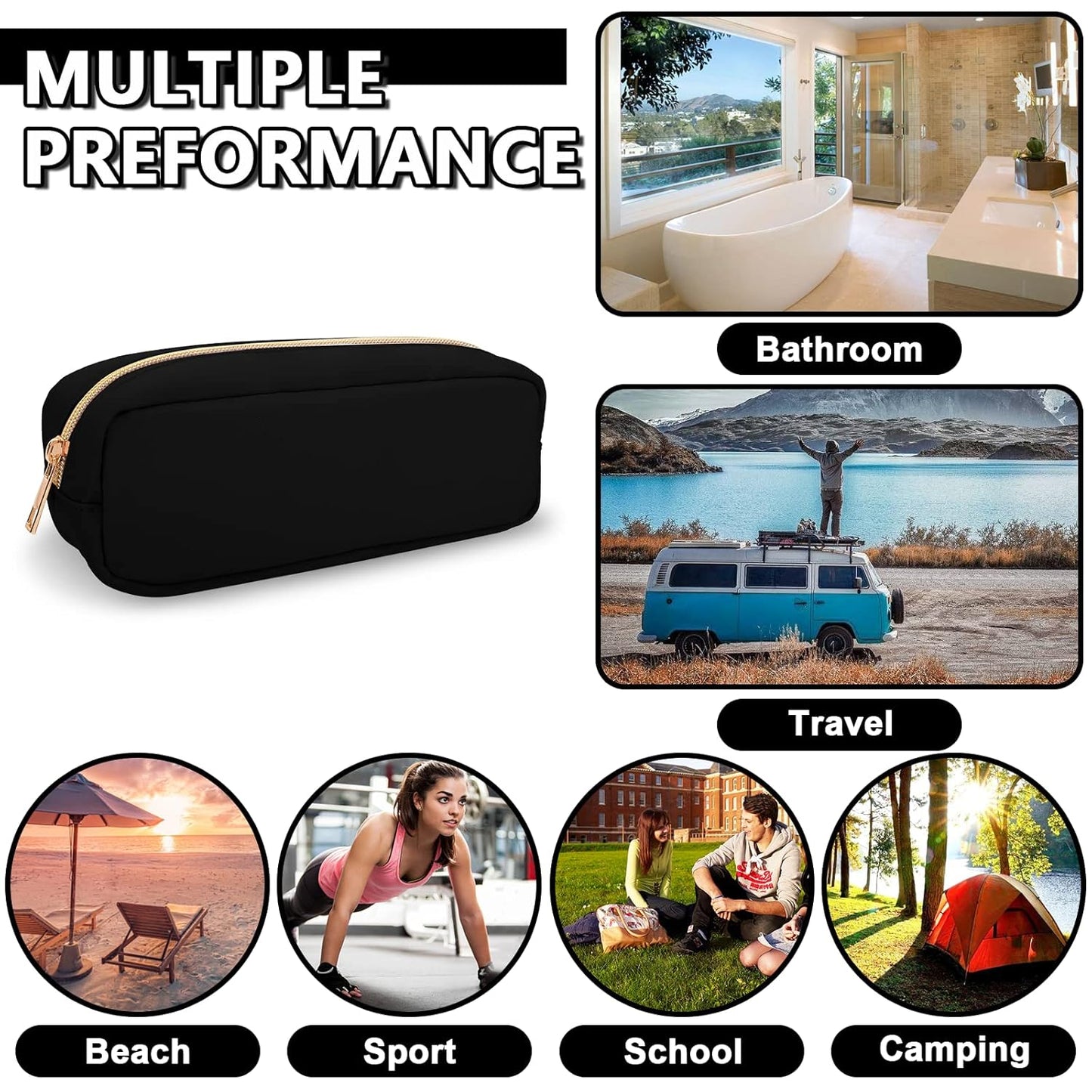 Waterproof Small Pencil Case Makeup Bag for Purse,Cute Pencil Pouch Preppy Nylon Makeup Brush Holder with Zipper,Girls Portable Storage Case Small Pen Bag for Office(Slim-Black)