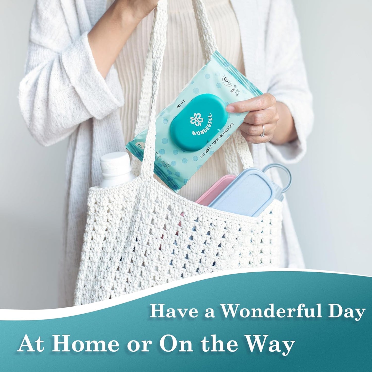 WONDERFUL Flushable Wipes, Mint 100% Plant-Based Wet Butt Wipe for Adults & Kids, Sewer Septic Safe, Gentle for Sensitive Skin, Wipes Flushable Pack for Bathroom & Travel, 6-Pack (360 Counts)