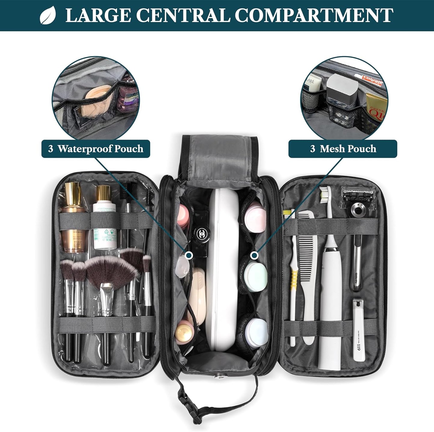 PAVILIA Large Toiletry Bag for Men Women, Mens Travel Bag Toiletries Organizer Case for Grooming, Travel Essentials Shaving Dopp Kit, PU Leather Water Resistant Cosmetic Pouch, Black