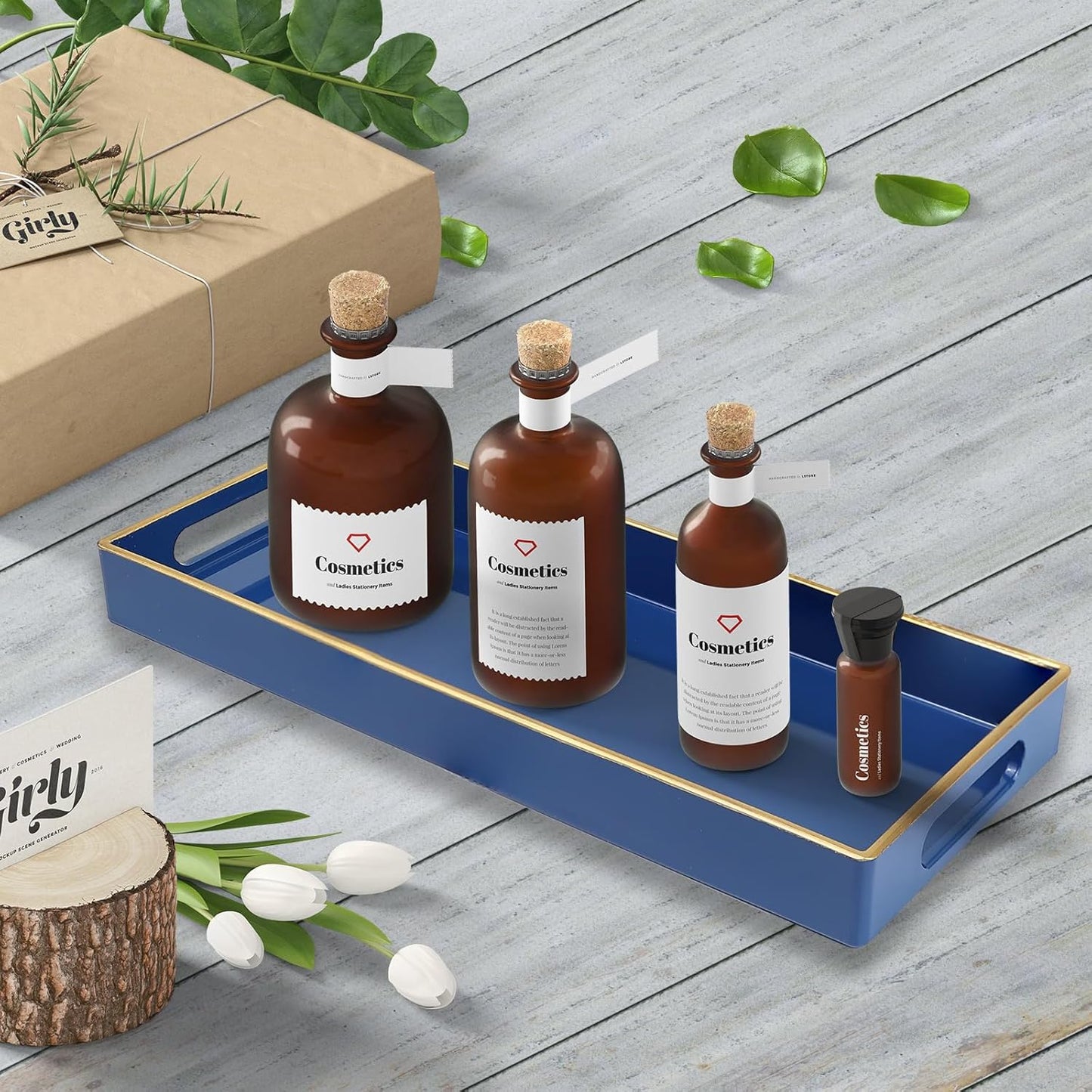 Blue Bathroom Vanity Tray for Countertop, Small Plastic Toilet Tank Versatile Storage & Organization Tray for Makeup, Perfume, Desk, Kitchen, Candles, 13.7"x6"x1.4", 35HB