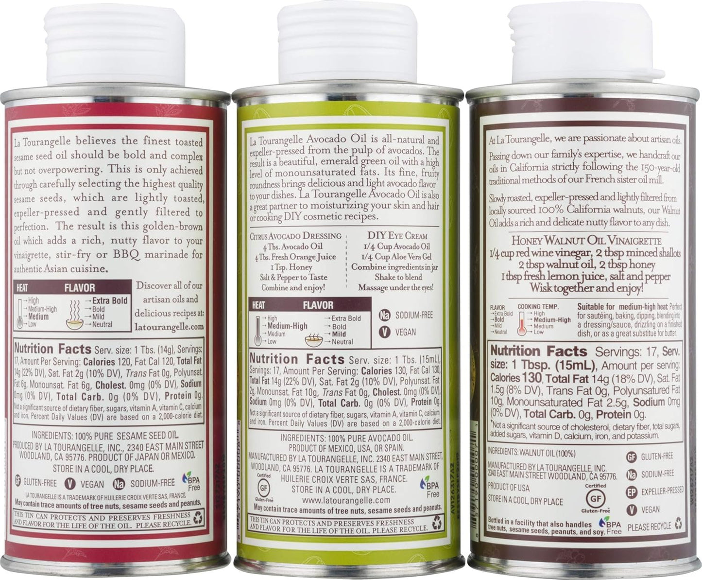 La Tourangelle, Favorites Trio of Oils - Roasted Walnut Oil, Avocado Oil, Toasted Sesame Oil, Gift Set, 8.45 fl oz (Set of 3)