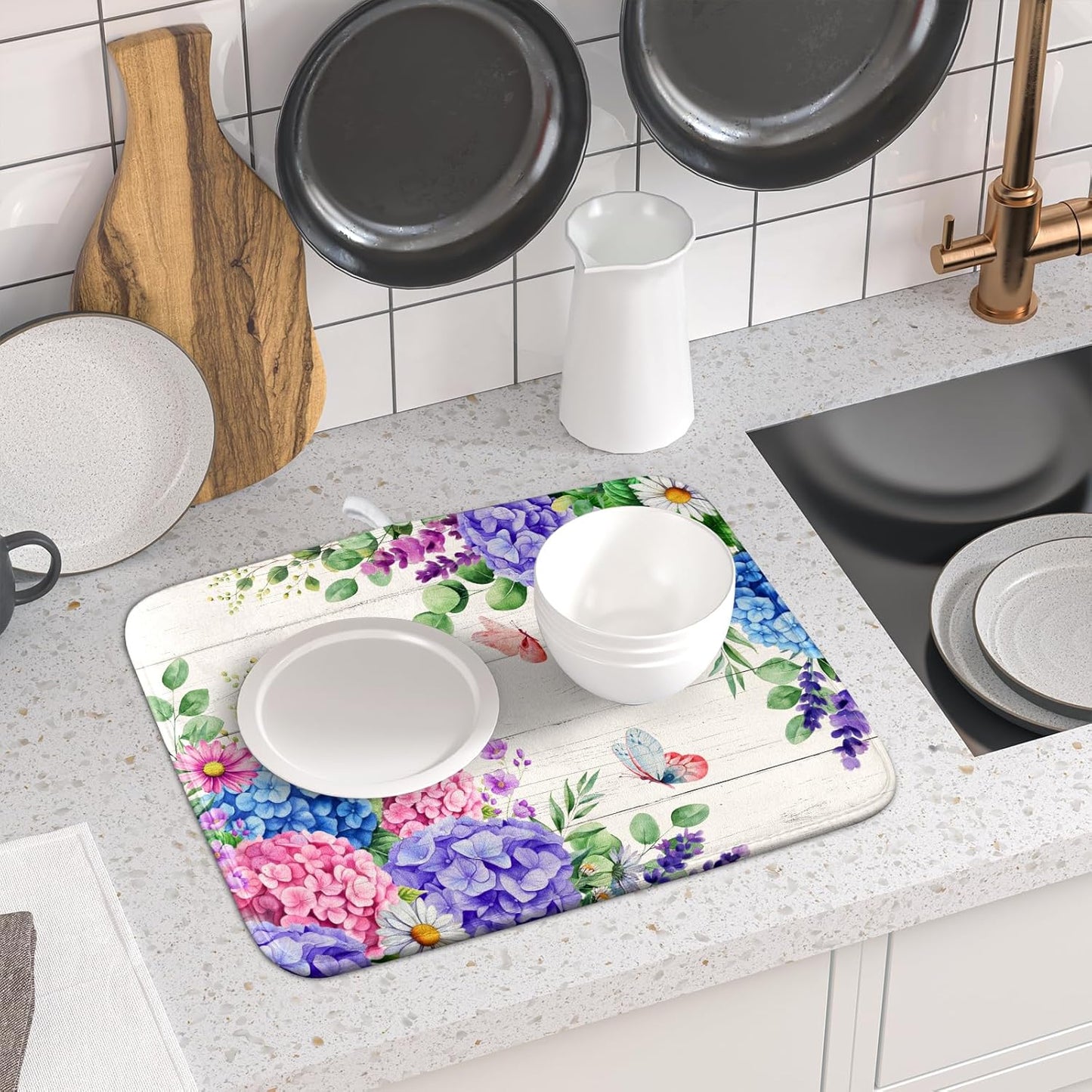 Hydrangea Floral Dish Drying Mat 16x18 inch Spring Summer Decorative Fast Dry Dishes Draining Mats Absorbent Microfiber Drainer Rack Pad