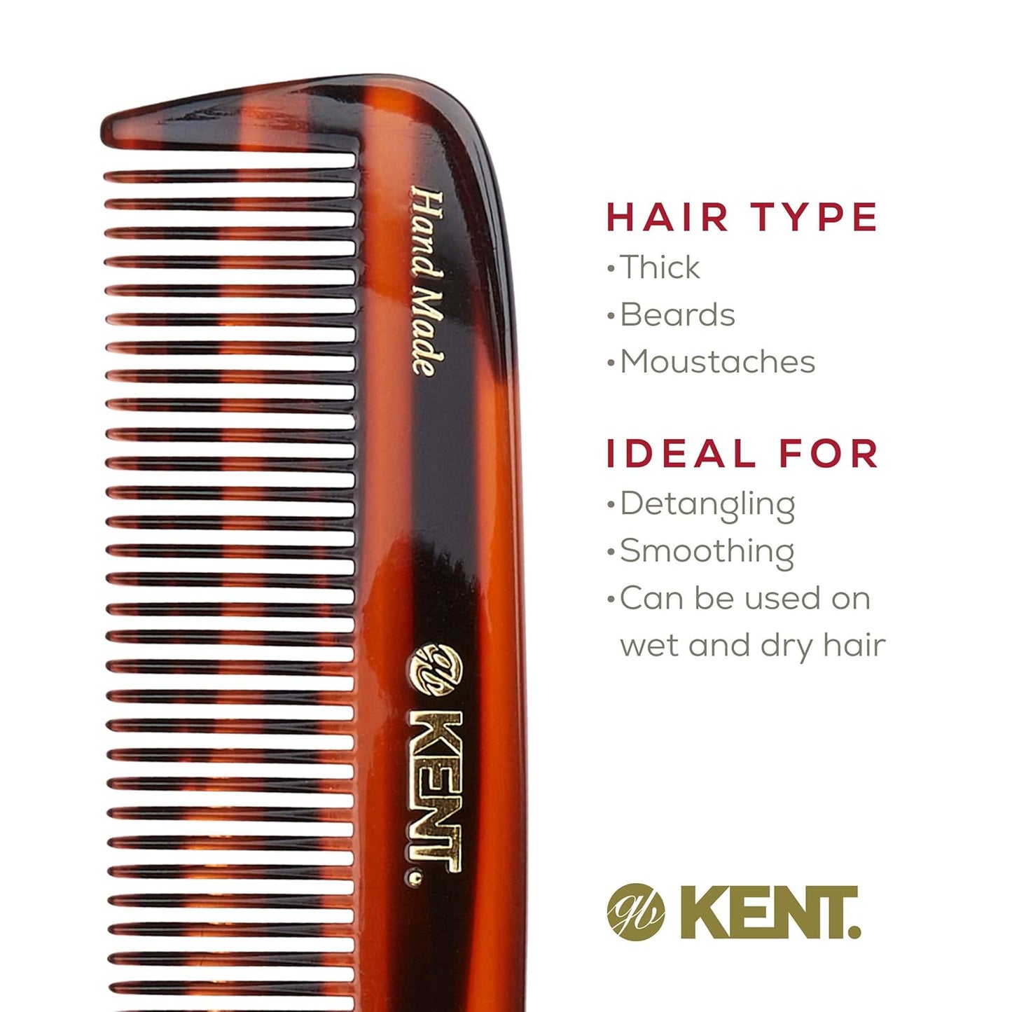 Kent 12T Wide-Tooth Detangling Comb - Handmade Pocket Comb for Thick, Curly, Wavy Hair - Large Saw-Cut and Hand-Polished Grooming Comb for Hair, Beard, and Mustache