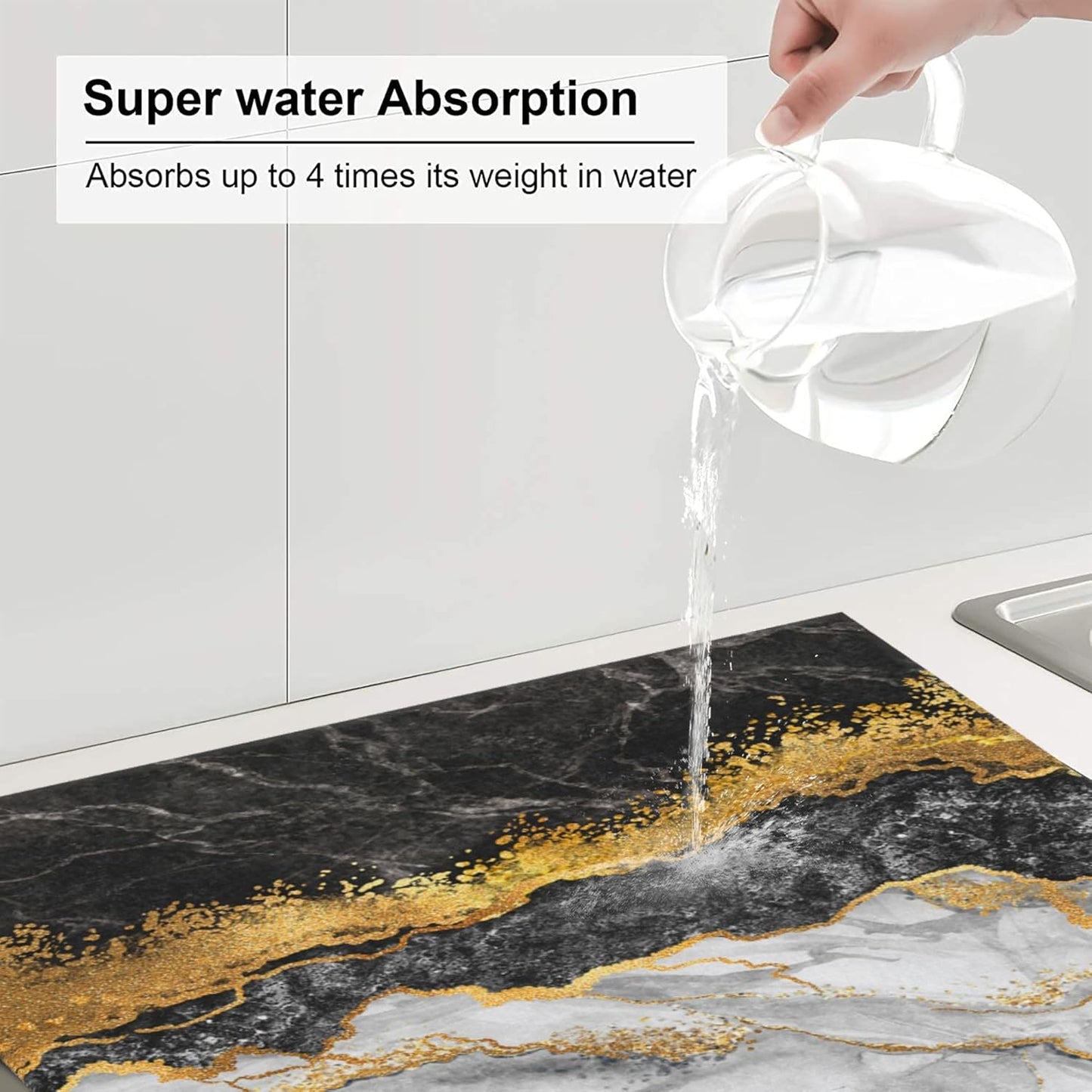 Black Gold Marble Dish Drying Mat for Kitchen Counter Gold and Black Grey Dish Drainer Rack Mats 16x18 Inches Absorbent Reversible Cute Drying Pad