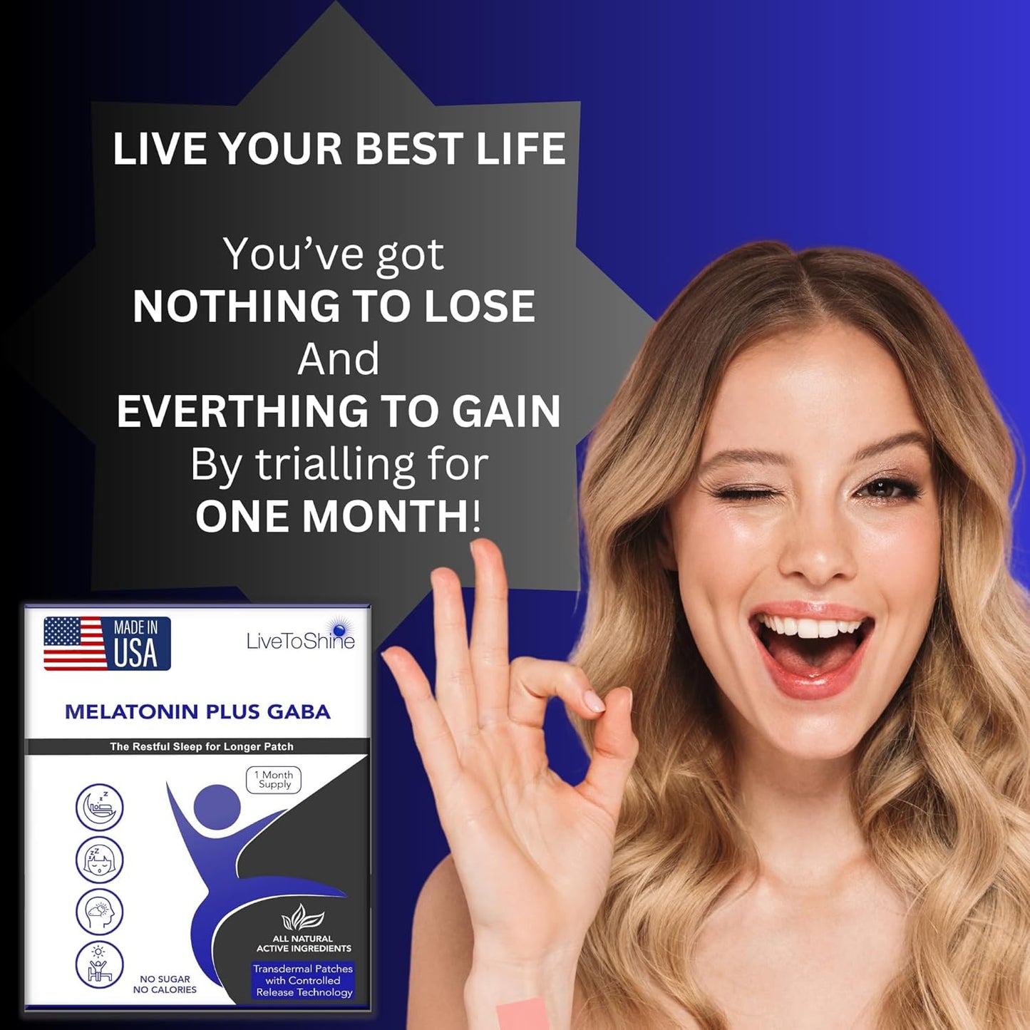Live To Shine Melatonin Patches for Sleep - Plus GABA to Calm Busy Brains Fast - Perfect Combo for Men and Women - Slow Release - 30 Patches - USA Made