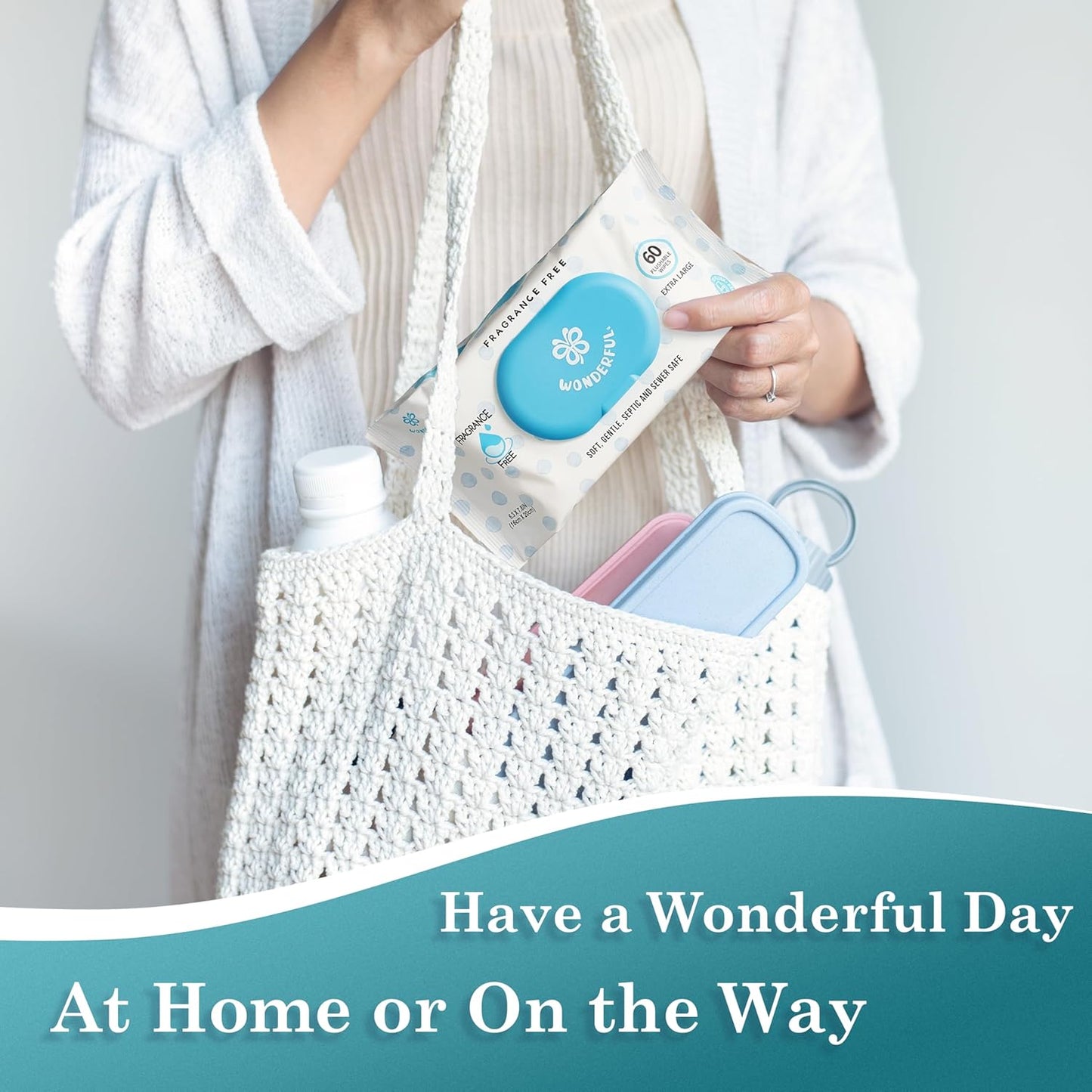 WONDERFUL Flushable Butt Wipes, Unscented 100% Plant-Based Wet Wipes for Adults & Kids, Sewer & Septic Safe, Gentle for Sensitive Skin, Wipes Flushable Pack for Bathroom & Travel, 3-Pack (180 Wipes)