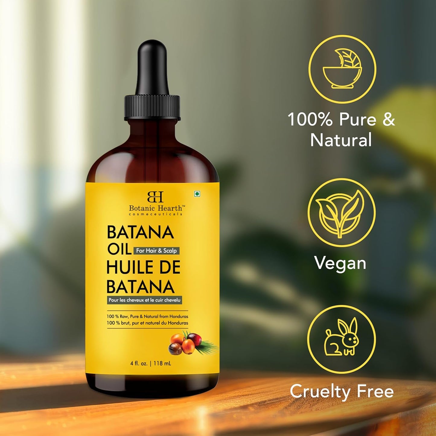 Botanic Hearth 100% Pure Batana Oil for Hair Growth- Weightless(Glass bottle 4 fl oz) from Honduras|Hair Oil Repairs Dry Damaged Hair, Strengthening, Healthier Hair- Hair Tonic