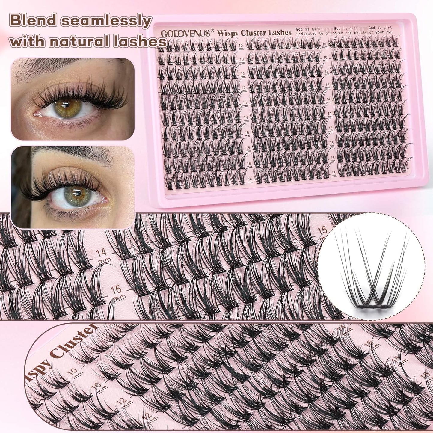 Lash Clusters Kit Wispy Eyelash Clusters Lashes Natural DIY Lash Extension Kit 10-16mm Cluster Eyelash Extensions Kit 300pcs C Curl Individual Lashes Cluster Eyelash (With Tweezers)