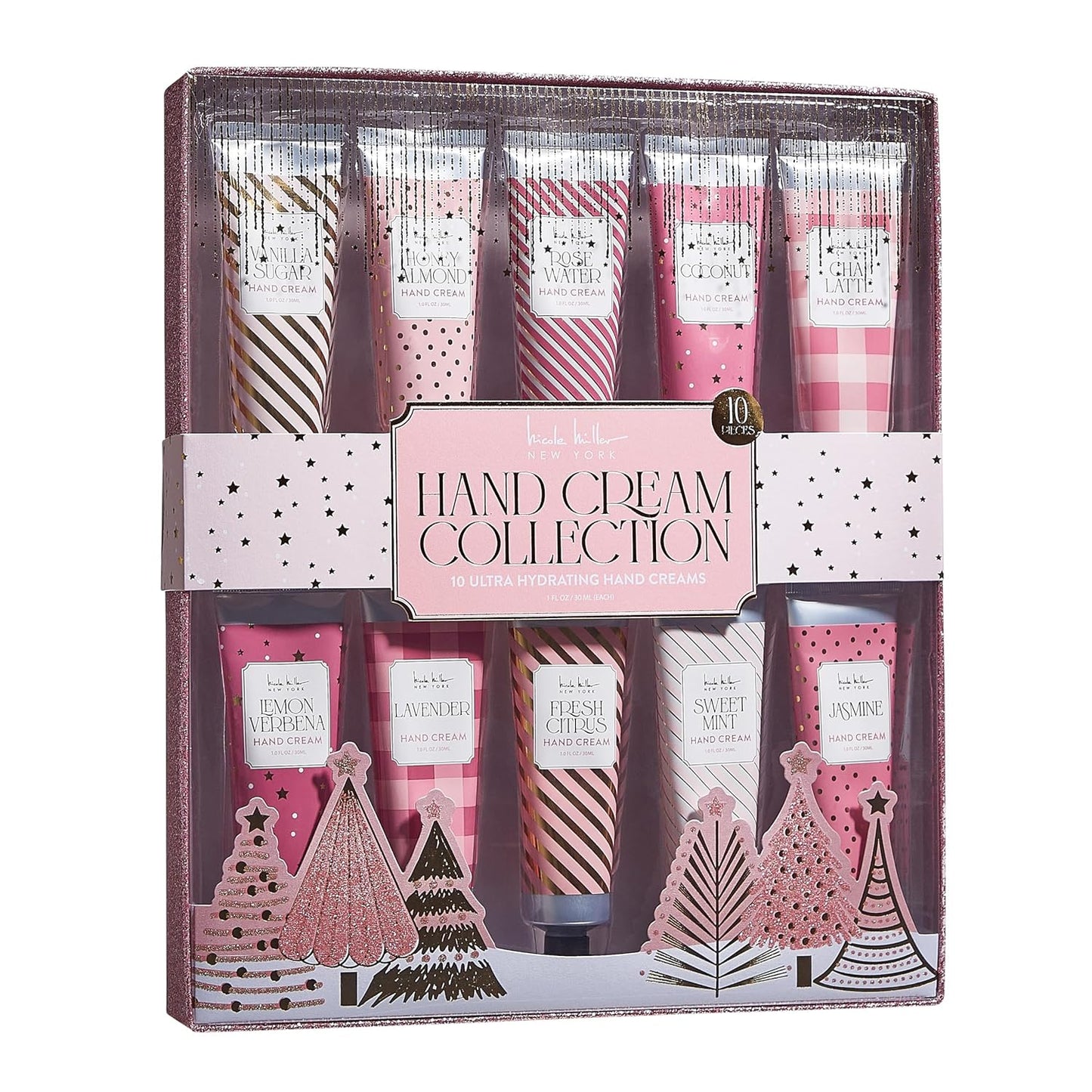 Nicole Miller New York 10-Piece Festive Fragrance Hand Cream Collection - 30ml Each Bottle, Ultra Hydrating Luxury for Your Hands, Pink Gold